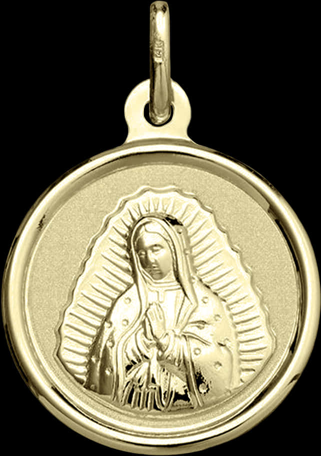 Virgin Mary 桌布 壁紙 — 一個金色宗教吊墜，黑色背景上帶有瓜達盧佩聖母的細緻浮雕。