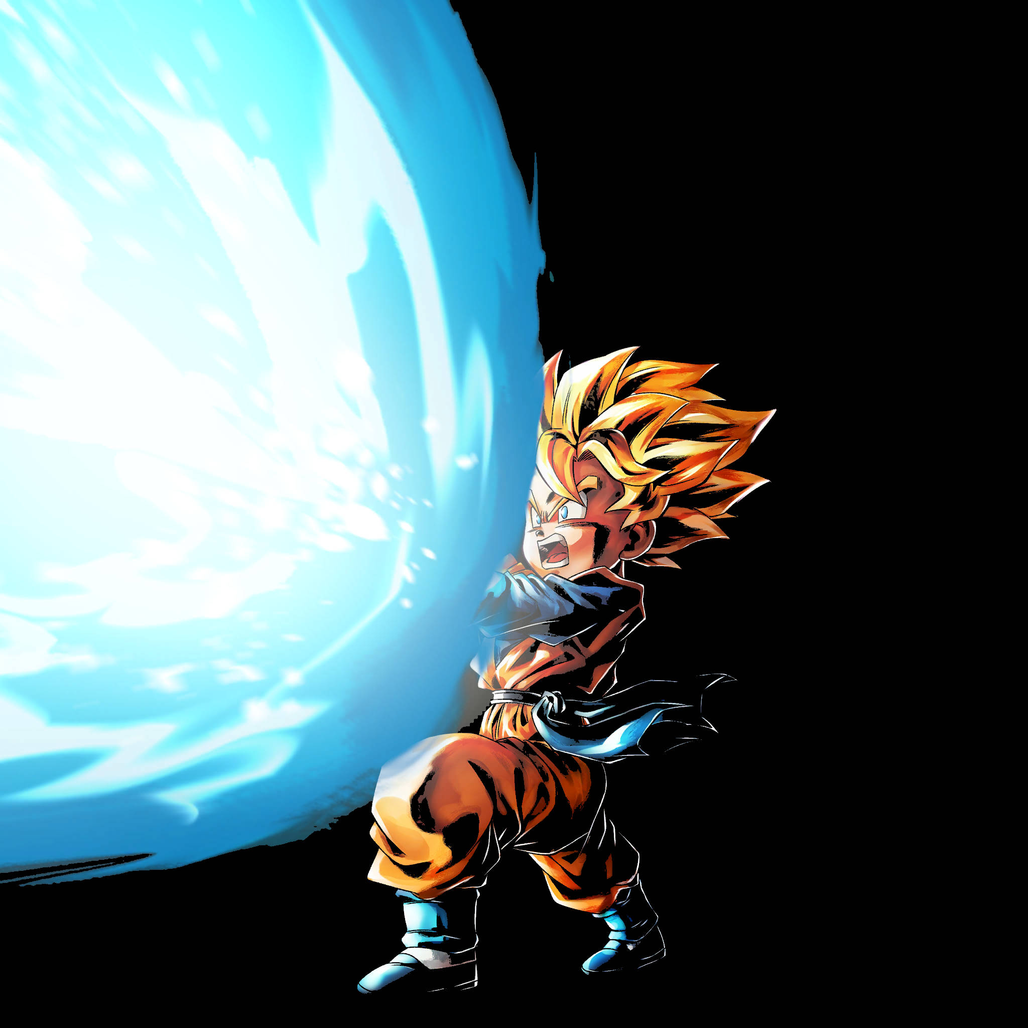 Goten 桌布 壁紙 — 一個金色尖刺頭髮的Q版動畫戰士向前衝刺，在純黑背景上釋放出巨大的藍色發光能量球。