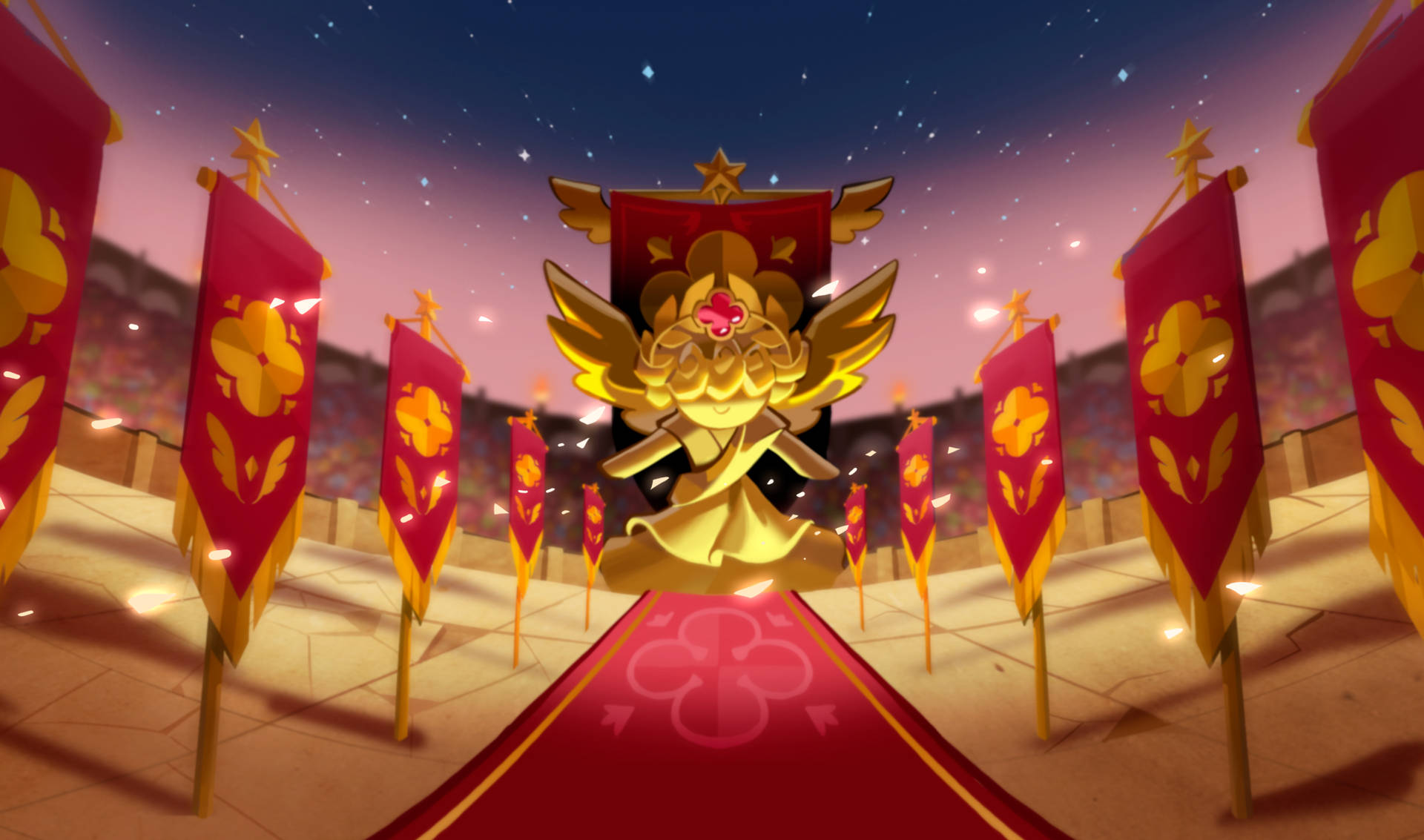 動漫角色 桌布 壁紙 — 一個金色帶翼的徽章，上面鑲嵌著一顆紅色寶石，放置在紅色地毯上，兩旁是帶有黃色花卉圖案的紅色橫幅，背景是星光閃爍的暮色天空。