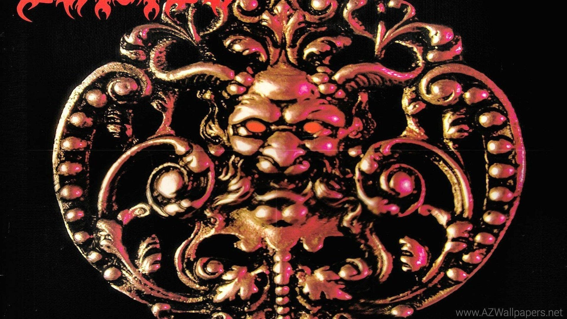 金色惡魔面孔，眼睛發光，鑲嵌在華麗的巴洛克金屬工藝中。 — 撒旦 GIF 壁紙