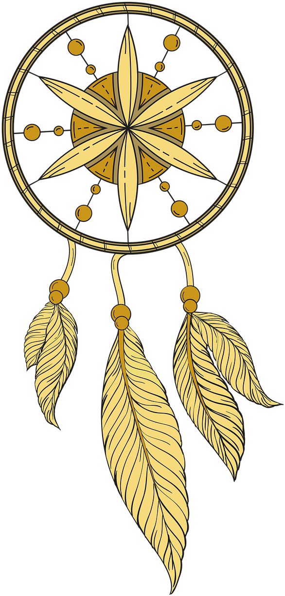 dreamcatcher 桌布 壁紙 — 一個金色捕夢網，中心有複雜的星爆圖案，羽毛垂掛在純黑背景上。