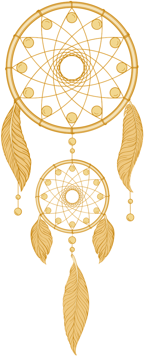 dreamcatcher 桌布 壁紙 — 一個金色捕夢網，帶有複雜的幾何網狀結構和懸掛的羽毛，背景為黑色。