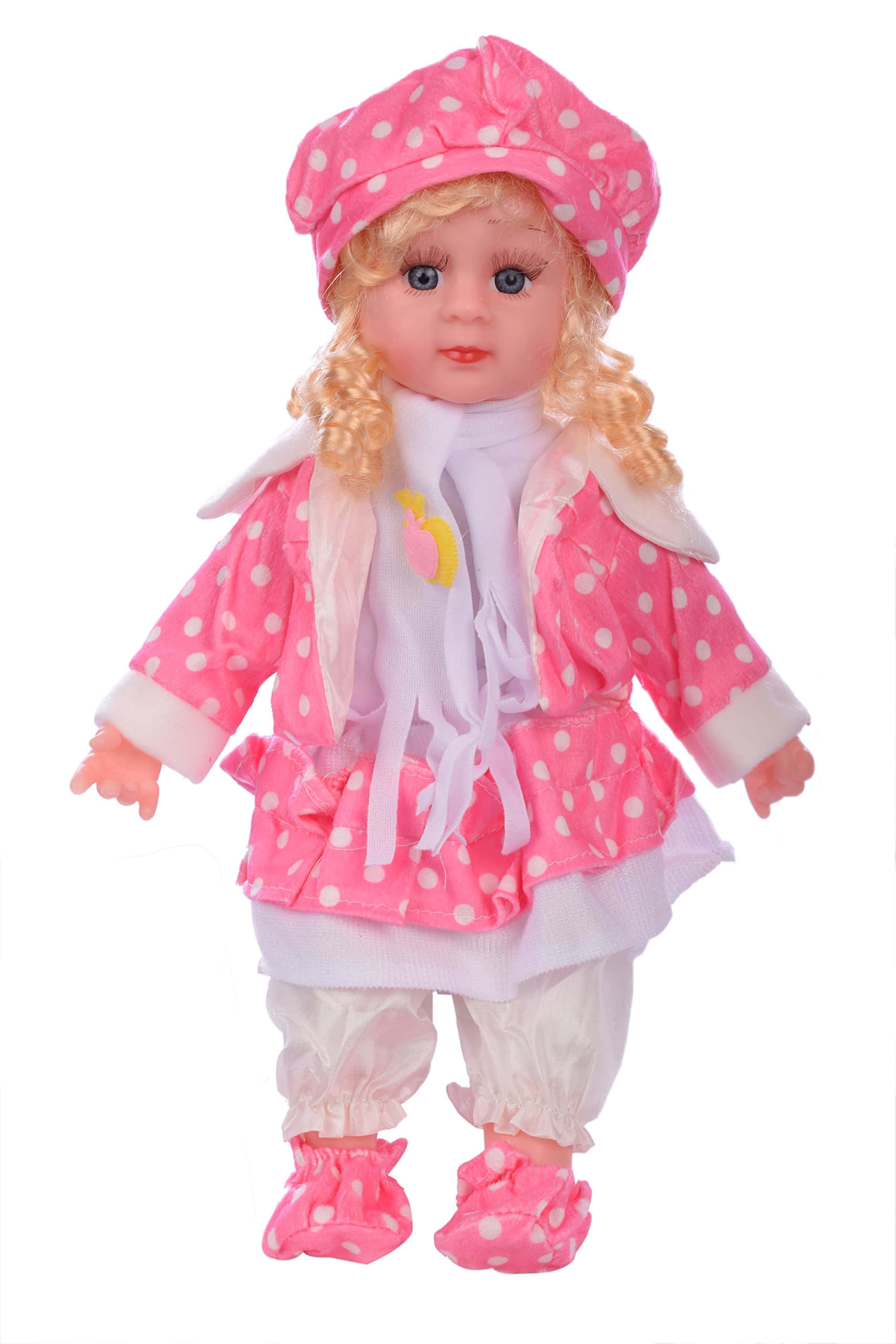 Doll 桌布 壁紙 — 一個金色捲髮的洋娃娃，穿著粉紅色圓點套裝，包括帽子、外套、圍巾和靴子，背景為白色。