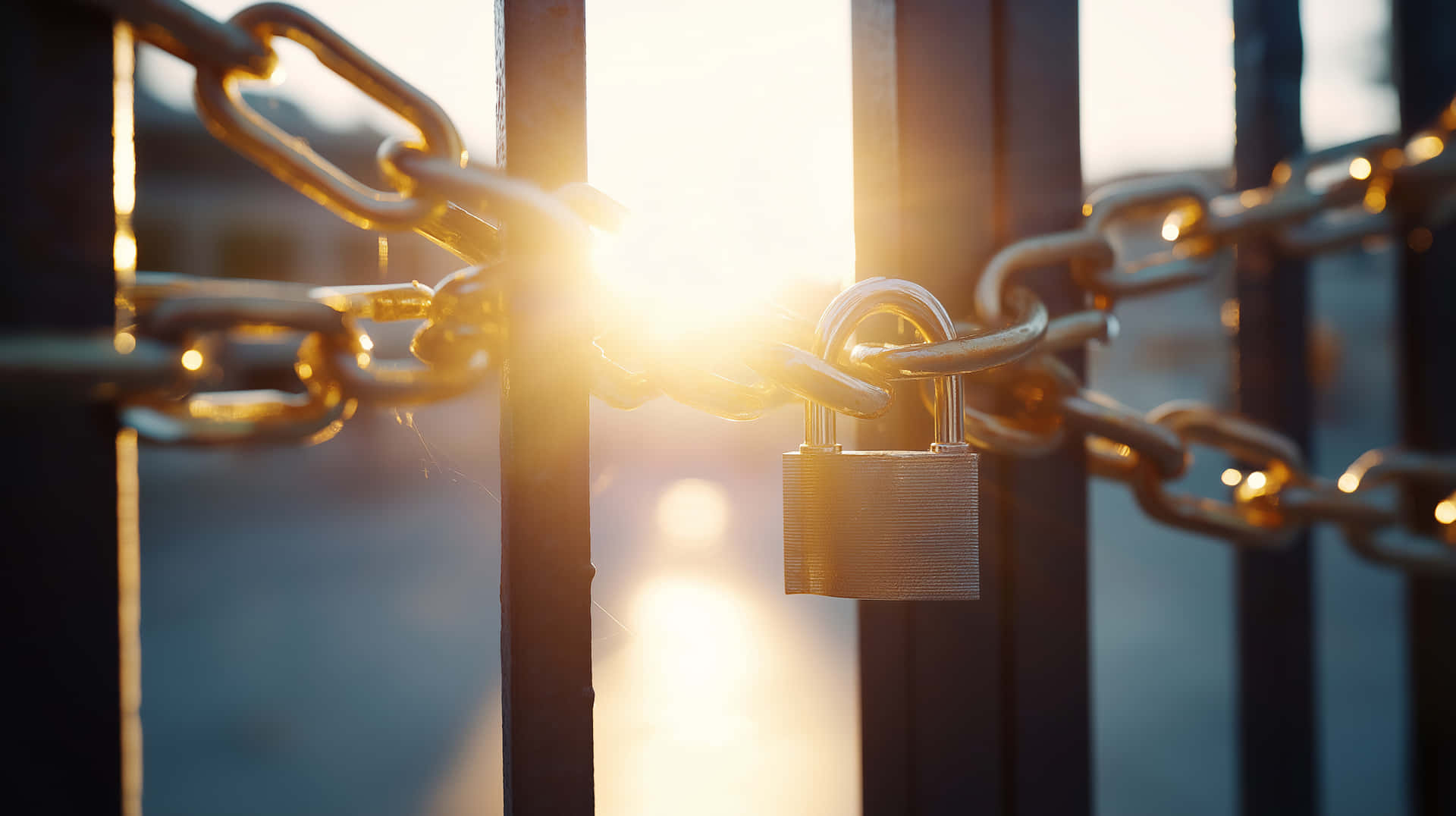 Sunlit Black Gate Secured with Golden Chain and Padlock 壁紙 — 一個金色掛鎖鎖住金屬閘門上的沉重鐵鏈，溫暖的陽光在背後閃耀。