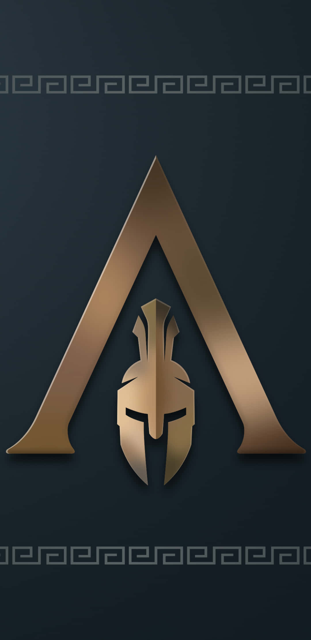 Android Assassin's Creed Odyssey 桌布 壁紙 — 一個金色斯巴達頭盔居中於一個風格化的字母A內，背景為深色並帶有希臘鑰匙圖案。