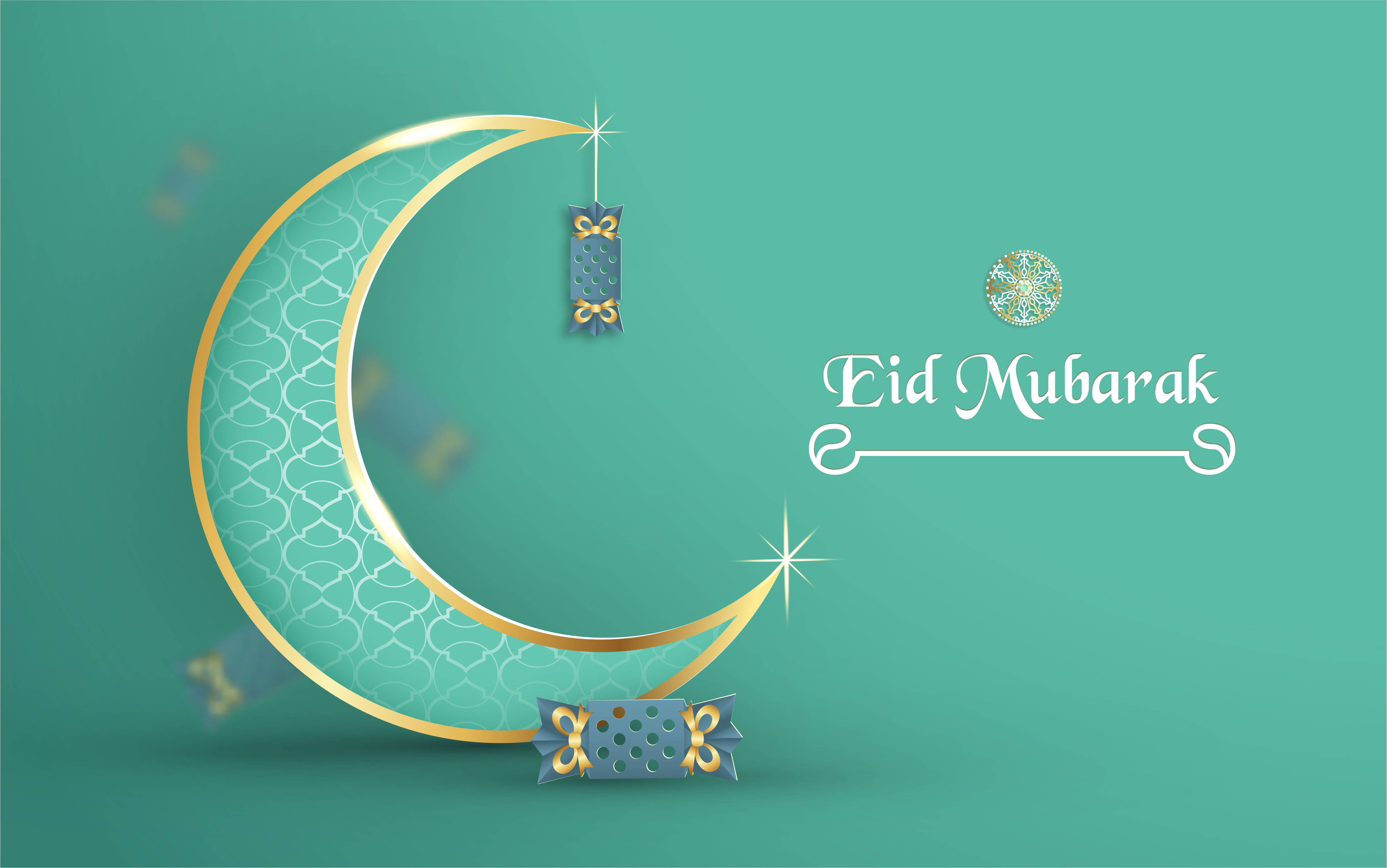 Eid Mubarak 桌布 壁紙 — 一個金色新月，帶有複雜圖案和懸掛燈籠，背景為青綠色，並有「Eid Mubarak」文字。