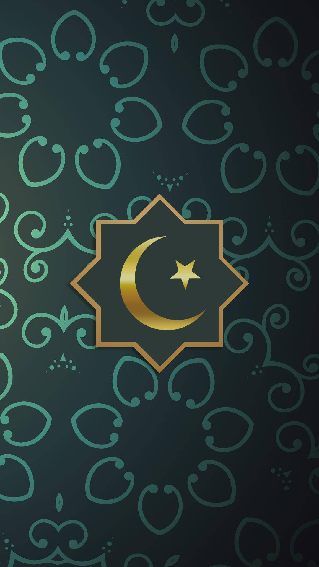 Best Islamic 桌布 壁紙 — 一個金色新月和星星標誌，居中在星爆框架內，背景為深青色，帶有華麗的漩渦圖案。