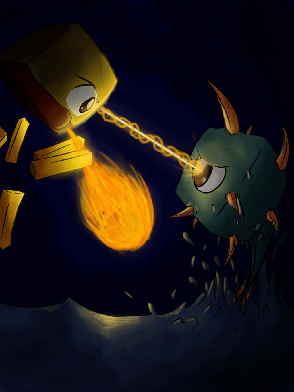 Minecraft Blaze 桌布 壁紙 — 一個金色方塊狀生物在黑暗的夜晚場景中向一個帶刺的綠色怪物發射火焰鏈。