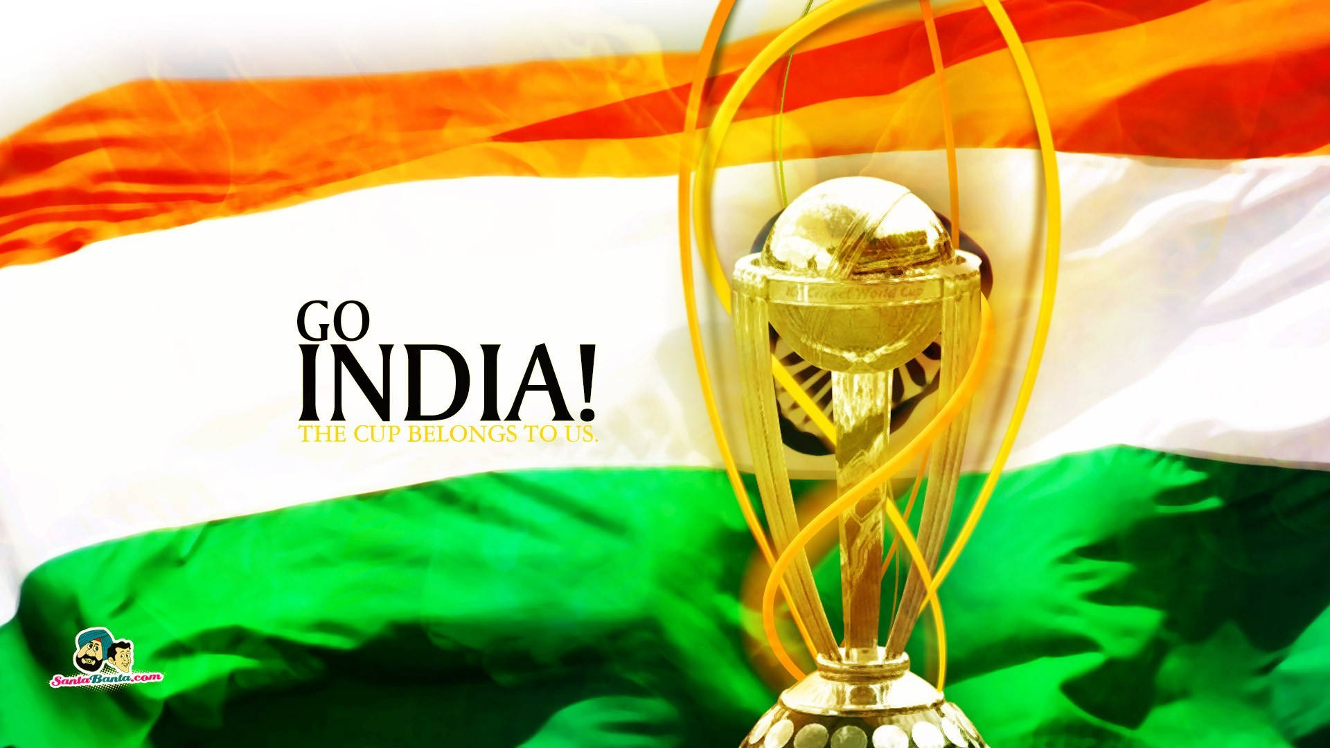 金色板球獎盃，印度國旗背景，附有 'Go India!' 文字