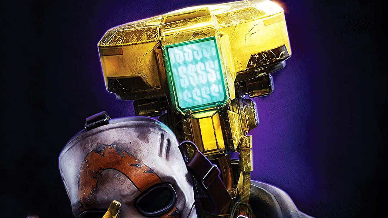 Borderlands Characters 桌布 壁紙 — 一個金色機器人的特寫，它有一個發光的綠色螢幕臉，站在一個戴面具的人類身影旁邊，背景是深紫色。