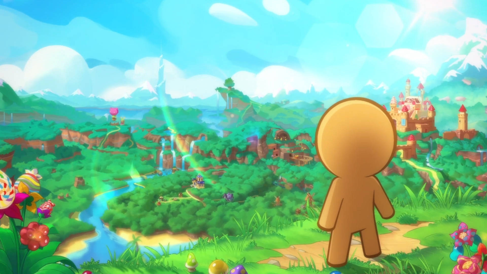 Cookie Run 桌布 壁紙 — 一個金色火柴人站在長滿草的山丘上，俯瞰著充滿活力的奇幻景觀，有城堡、瀑布和色彩繽紛的花朵，在明亮的藍天下。