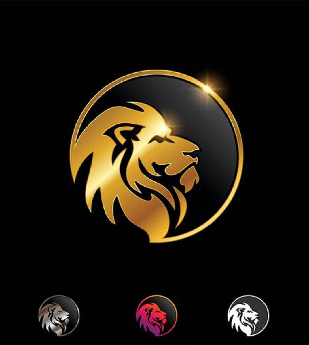 Lion Head 桌布 壁紙 — 一個金色獅子頭標誌，在圓形框架內帶有發光高光，背景為黑色，下方有三個較小的變體標誌。