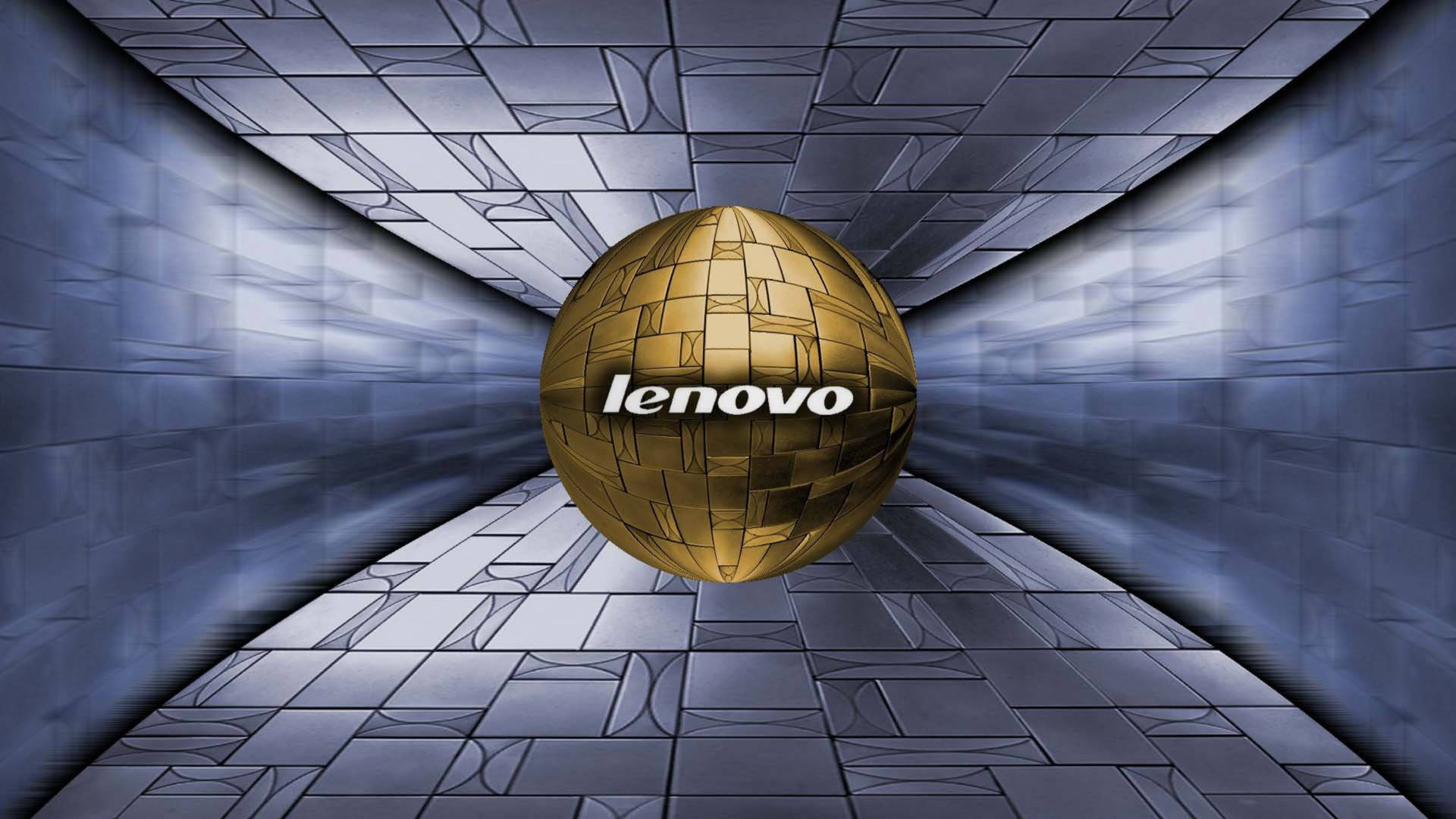 聯想高畫質桌布 桌布 壁紙 — 一個金色的 Lenovo 標誌球體漂浮在一個未來感的金屬隧道中，隧道有幾何瓷磚牆壁和地板。