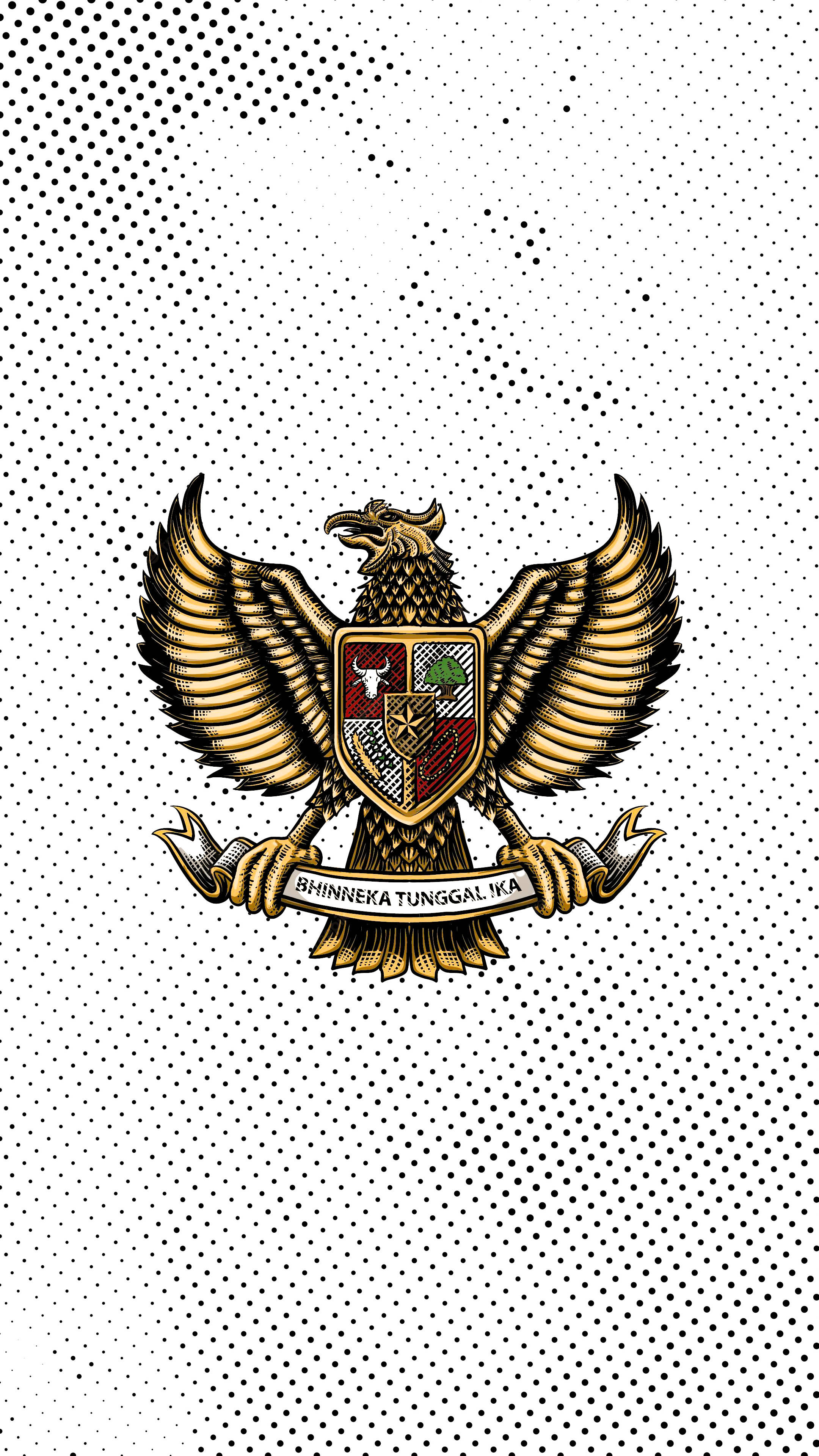 Logo 桌布 壁紙 — 一個金色的Garuda Pancasila徽章，展翅並帶有盾牌，居中於黑色圓點圖案的白色背景上。