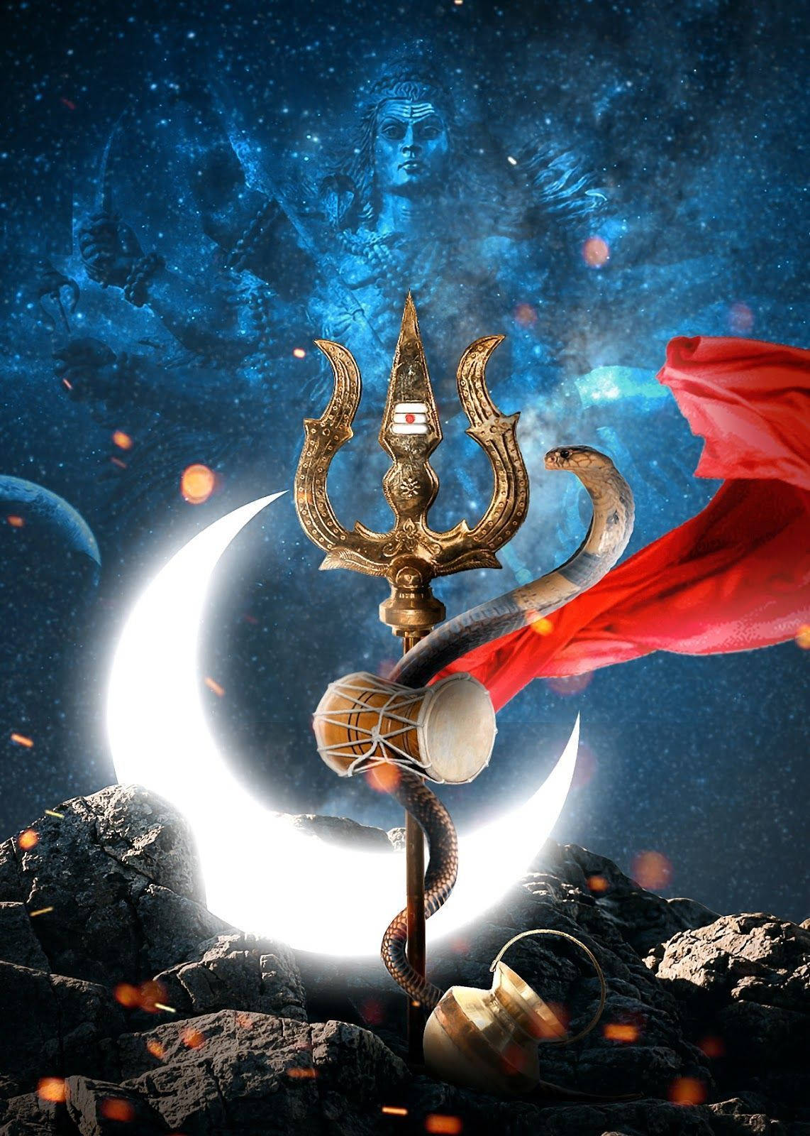 shiva dark 桌布 壁紙 — 一個金色的三叉戟，帶有蛇和鼓，站在發光的彎月前，背景是宇宙藍色星域，帶有神聖的面孔。