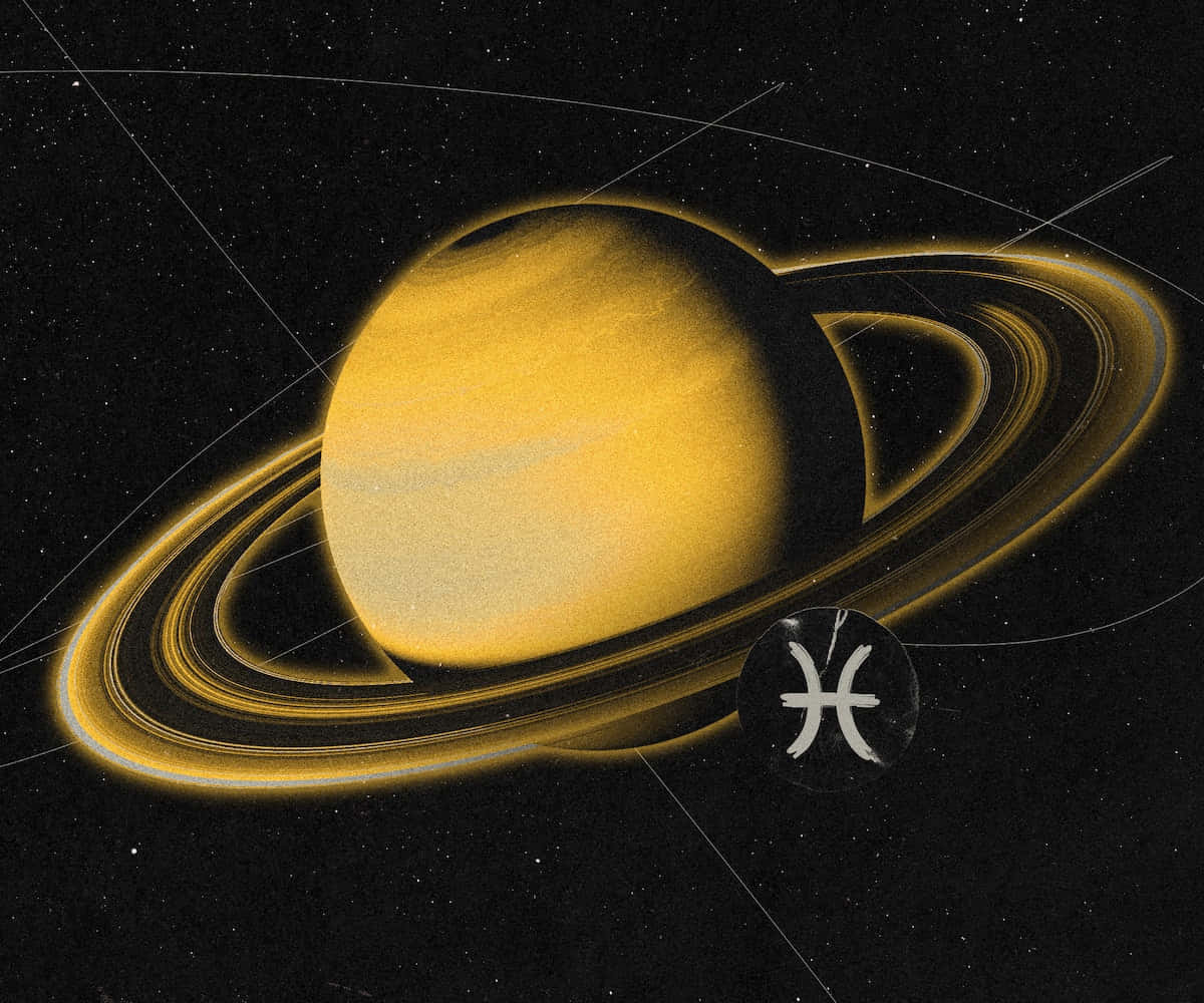 土星 桌布 壁紙 — 一個金色的土星帶有發光的光環，在黑色背景上漂浮在星空空間中，旁邊是一個白色的星座符號。