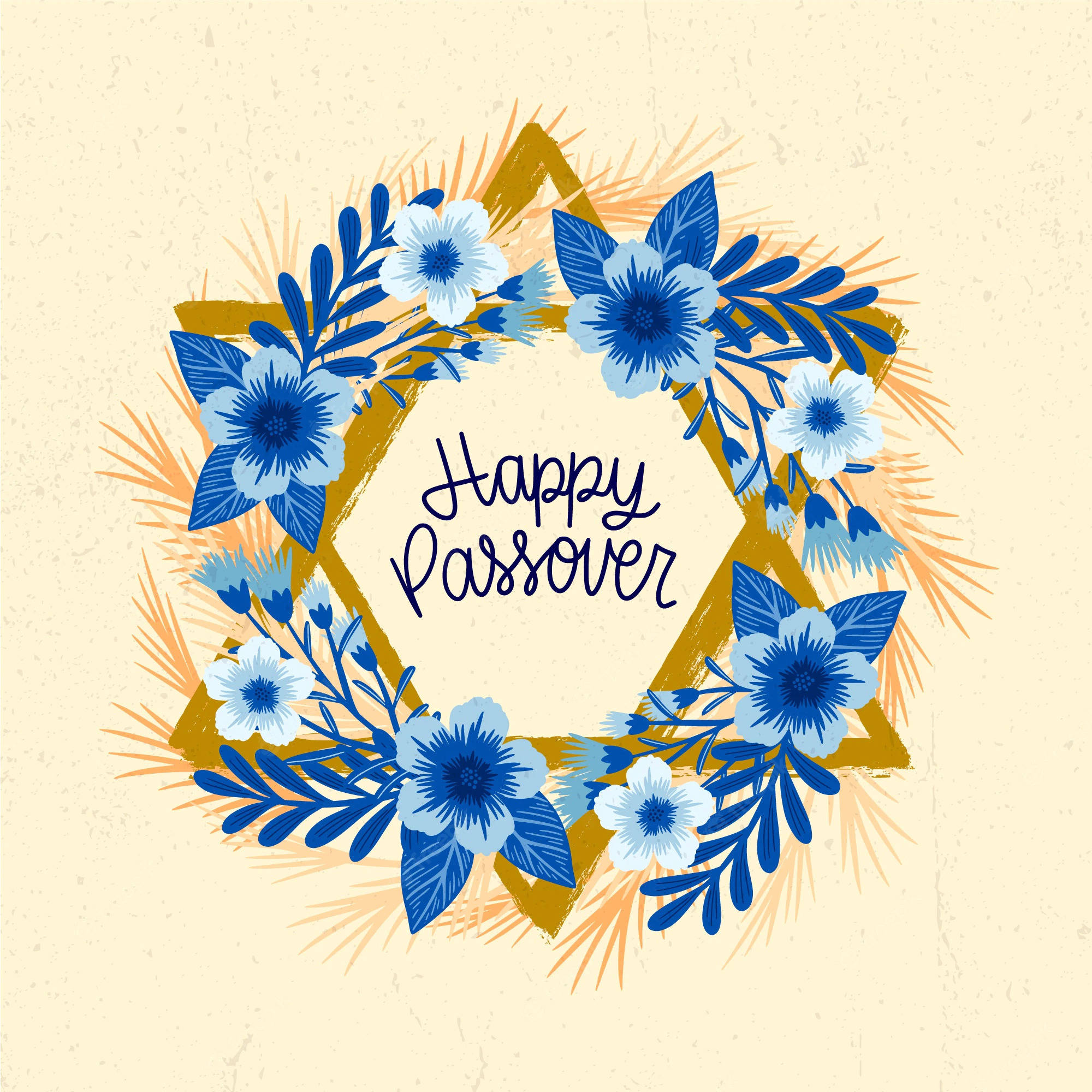 Passover 桌布 壁紙 — 一個金色的大衛之星，點綴著藍色和白色的花朵及綠色植物，位於有紋理的奶油色背景上，並帶有「Happy Passover」字樣。