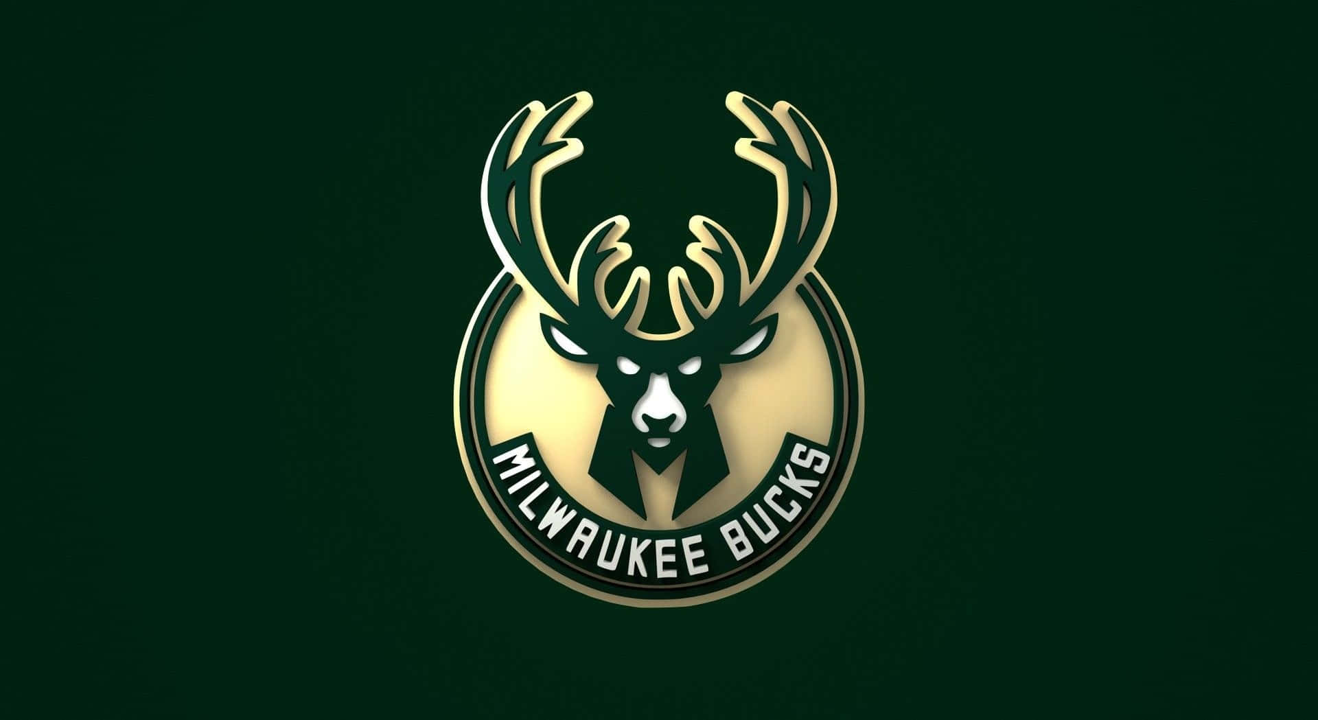 Milwaukee Bucks Logo 桌布 壁紙 — 一個金色的密爾瓦基公鹿標誌，中間有鹿頭和鹿角，在深綠色背景上。