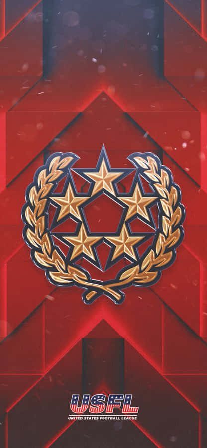 Usfl 桌布 壁紙 — 一個金色的月桂花環環繞著五顆星星，在帶有浮動粒子的幾何紅色背景上發光。