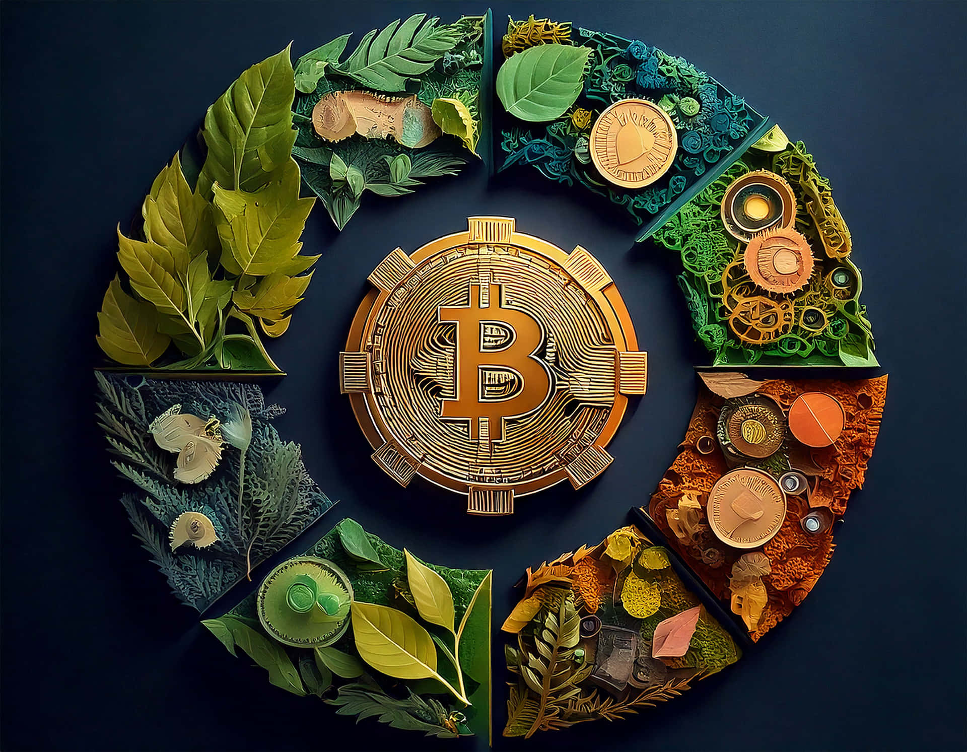 Crypto 壁紙 — 一個金色的比特幣符號位於深藍色背景上，由層疊的綠色葉片和機械齒輪組成的圓形排列的中心。