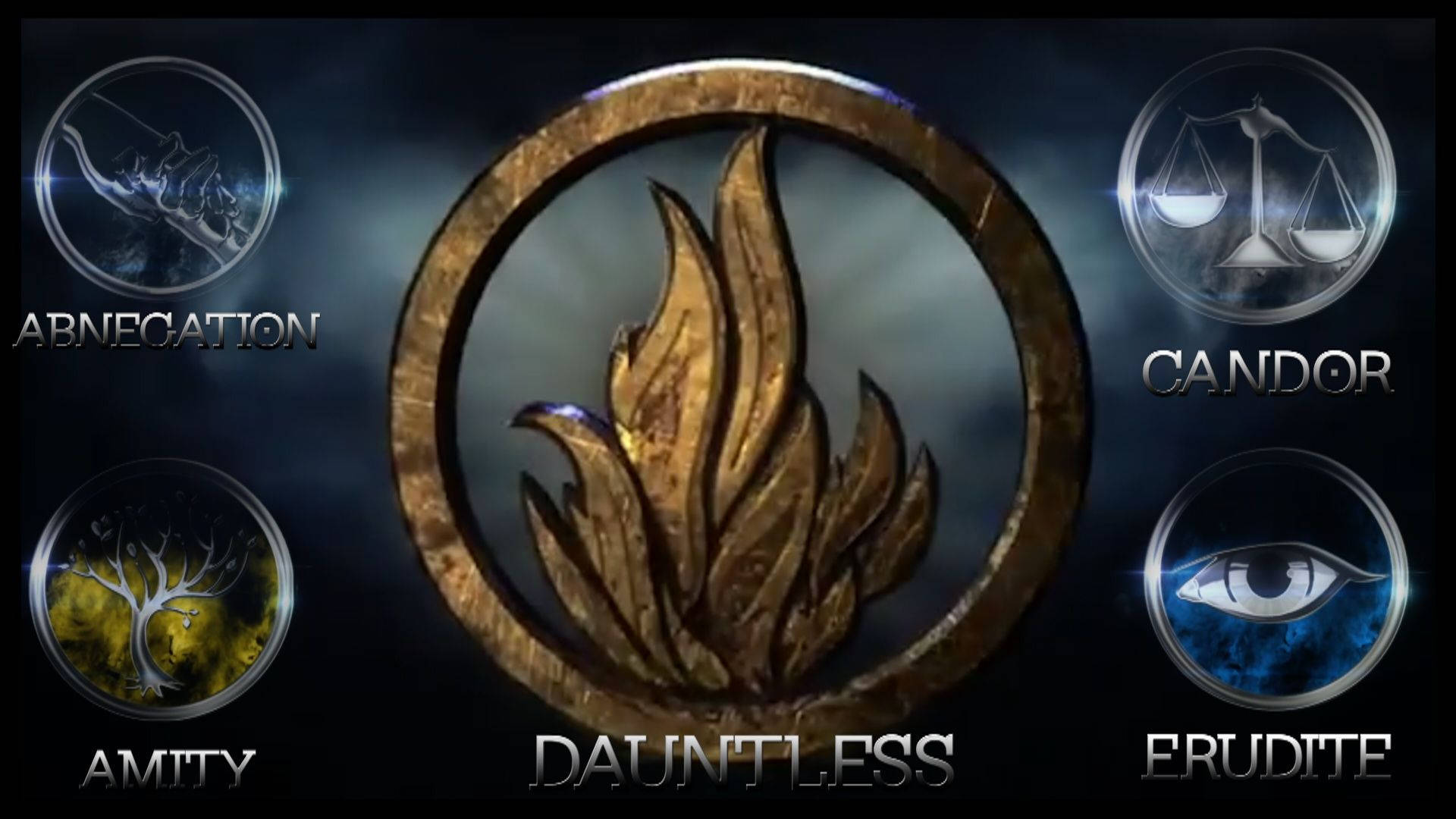 Divergent 桌布 壁紙 — 一個金色的火焰徽章，代表Dauntless，被四個派系符號包圍，背景是黑暗風暴。