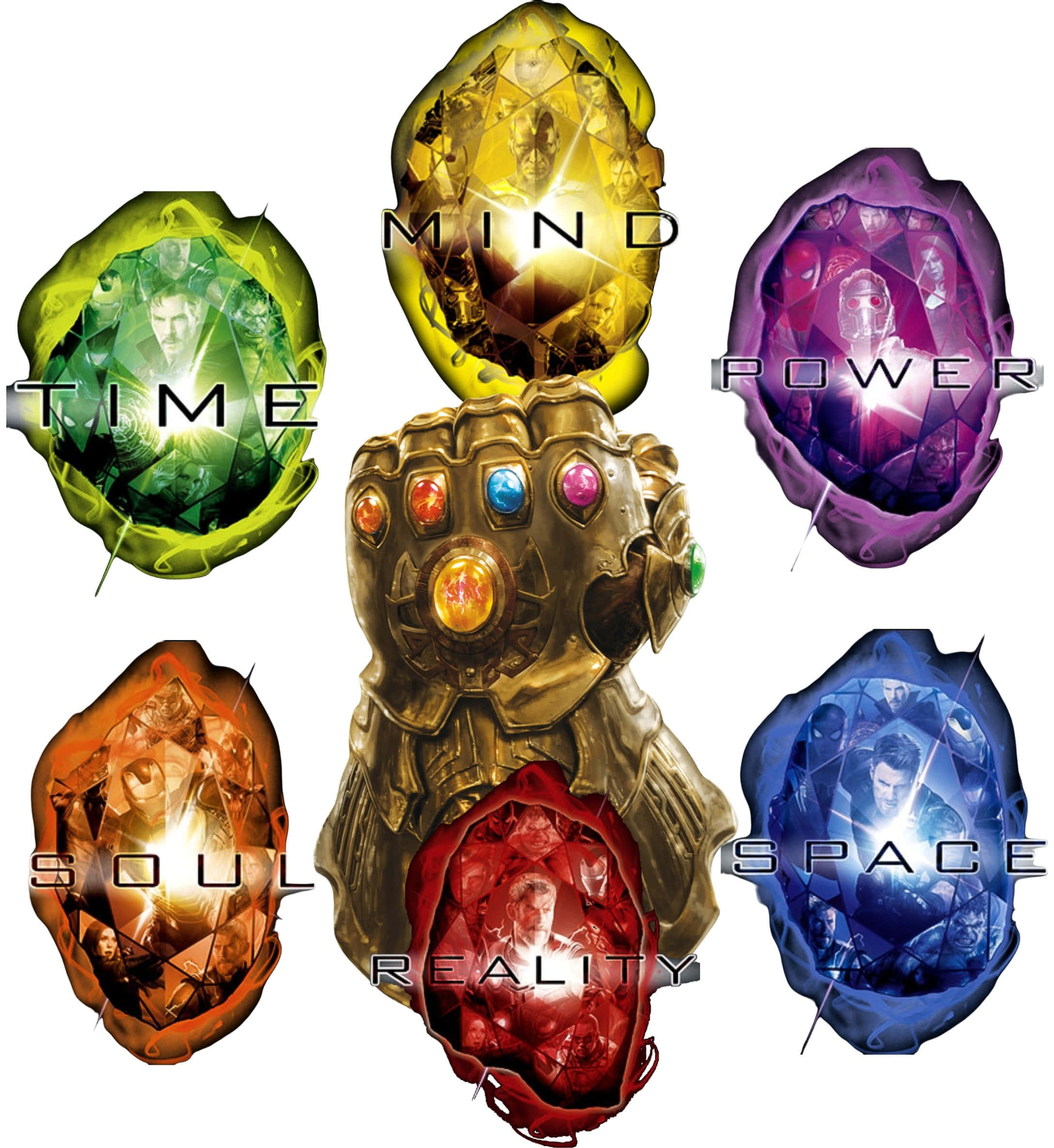 Infinity Gems 桌布 壁紙 — 一個金色的無限手套，被六顆發光寶石包圍，每顆都標示著一種力量類型，背景是白色。
