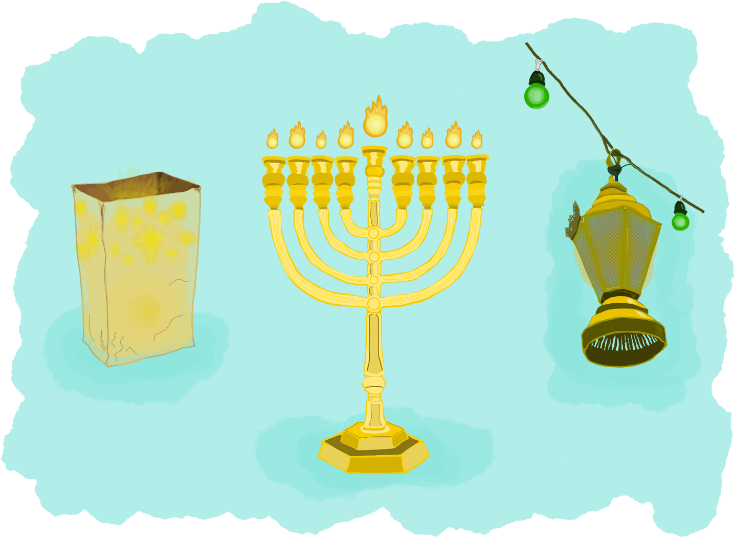 光明節 桌布 壁紙 — 一個金色的燭台（Menorah）上點燃著蠟燭，旁邊有一個紙袋和一個掛著的燈籠，背景是淺藍色。