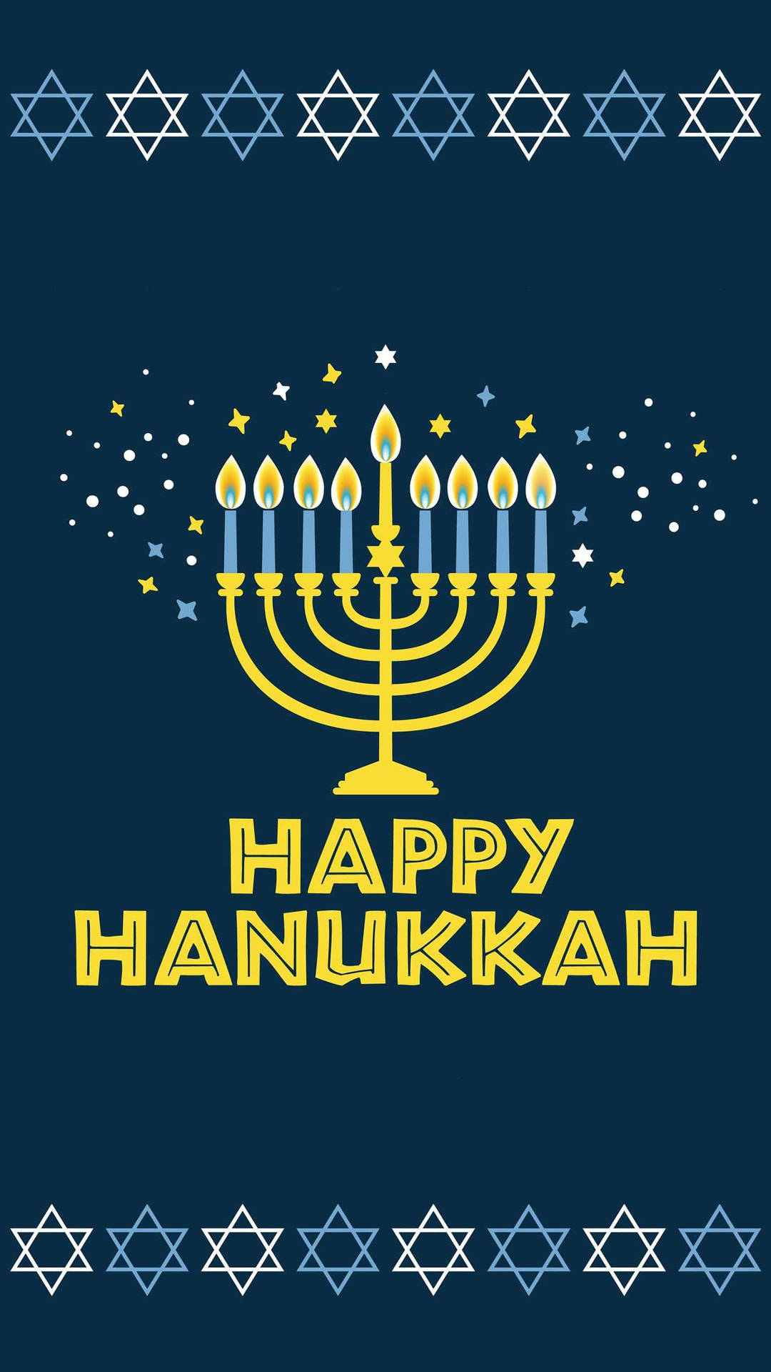 金色燭台，點燃的蠟燭，藍色背景上帶有星星和 happy hanukkah 文字。 — 光明節 GIF 壁紙