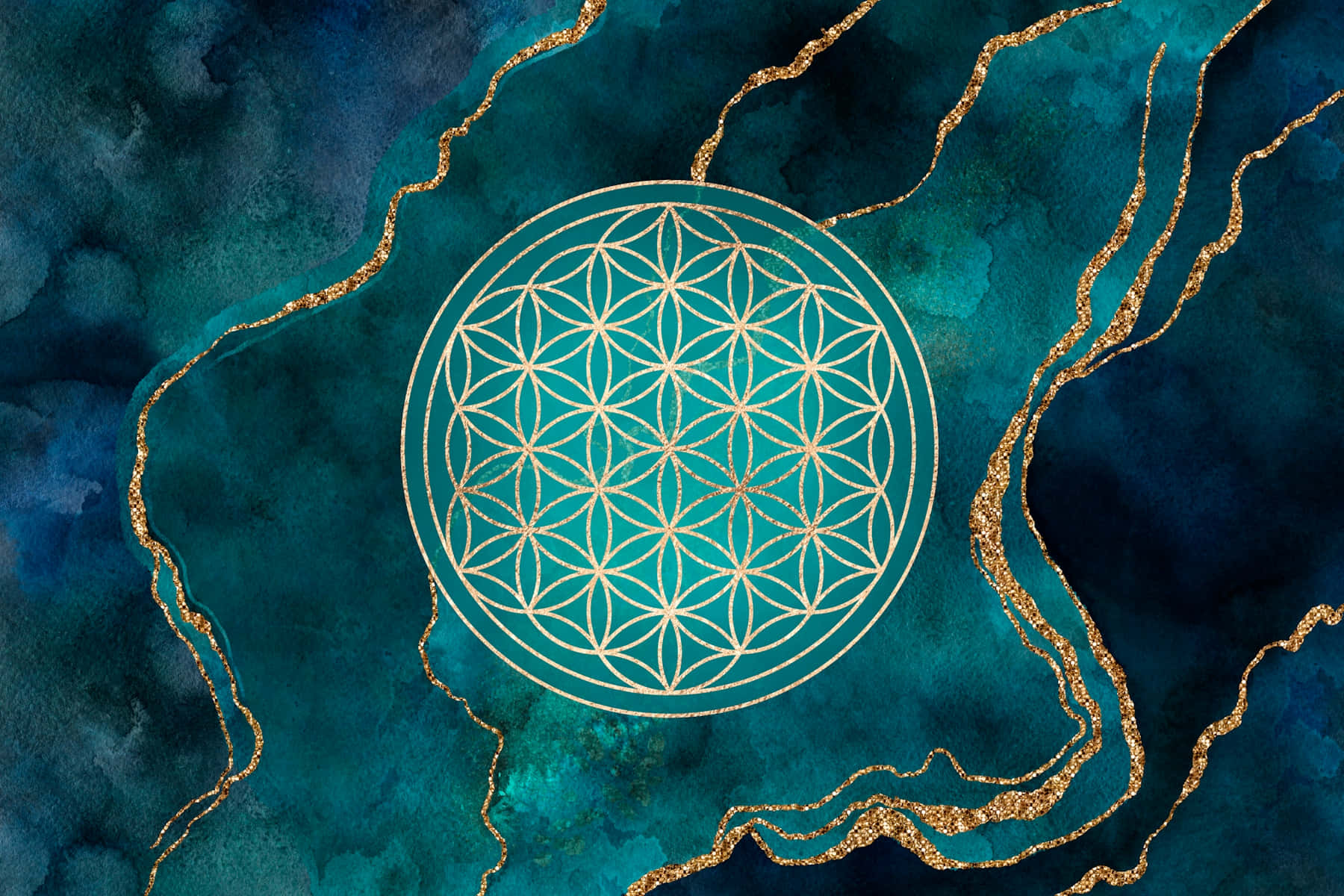 桌布 壁紙 — 一個金色的生命之花幾何符號在流動的藍綠色和金色水彩背景中心發光。