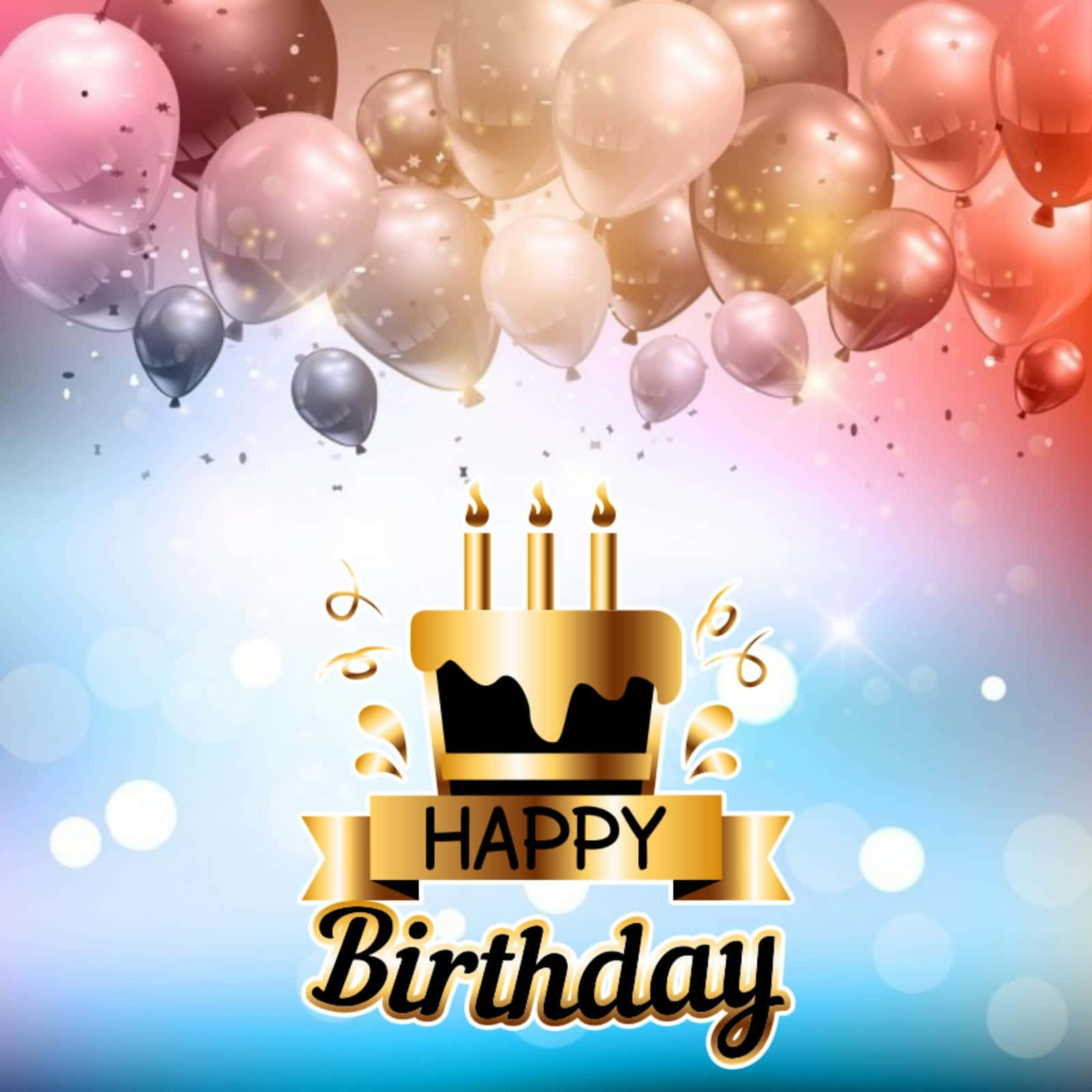 Happy 桌布 壁紙 — 一個金色的生日蛋糕，上面有三根蠟燭和一條橫幅，漂浮在一簇粉紅色、金色和銀色的氣球下方，背景是閃爍的漸變天空。