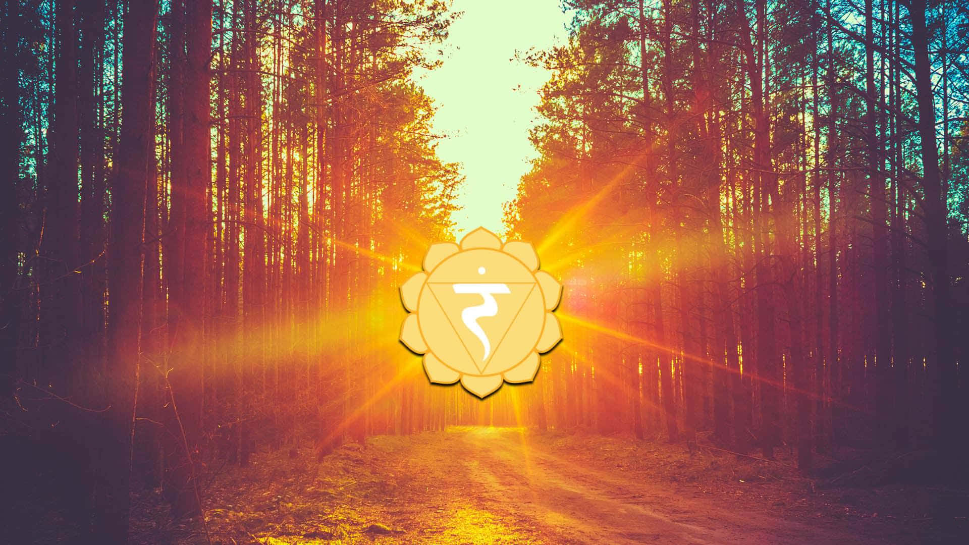 chakra 桌布 壁紙 — 一個金色的第三眼脈輪符號在陽光明媚的森林小徑中央發光，兩旁是高聳的樹木。