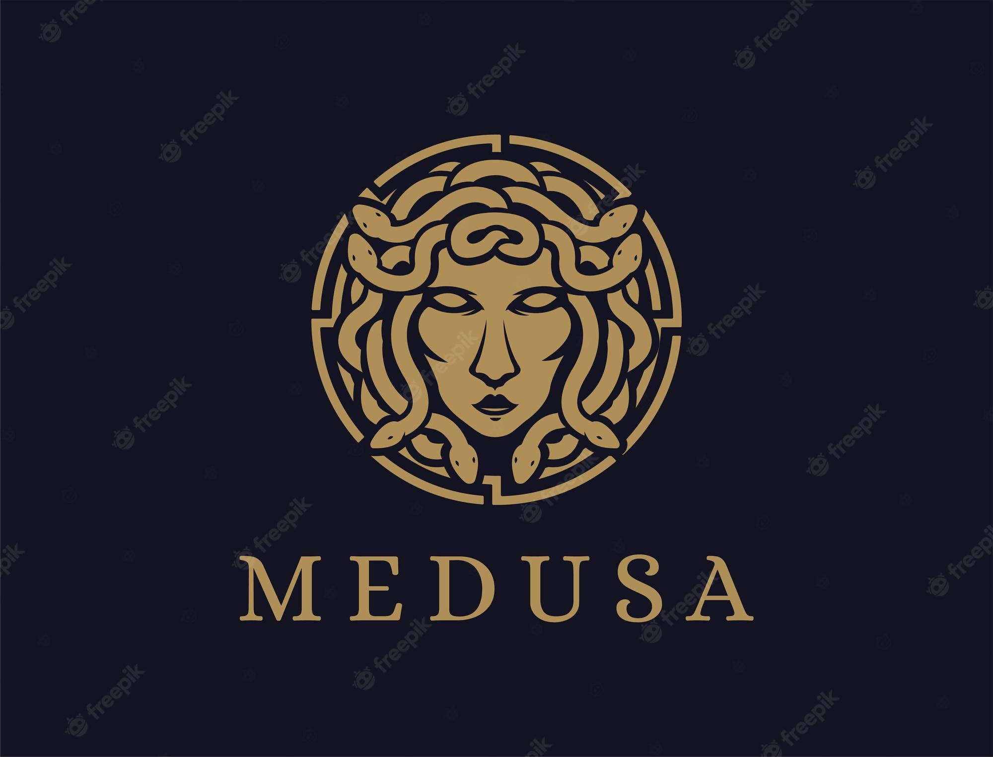 Versace Logo 桌布 壁紙 — 一個金色的美杜莎標誌，頭髮中有蛇，位於深海軍藍色背景中央，下方有MEDUSA字樣。