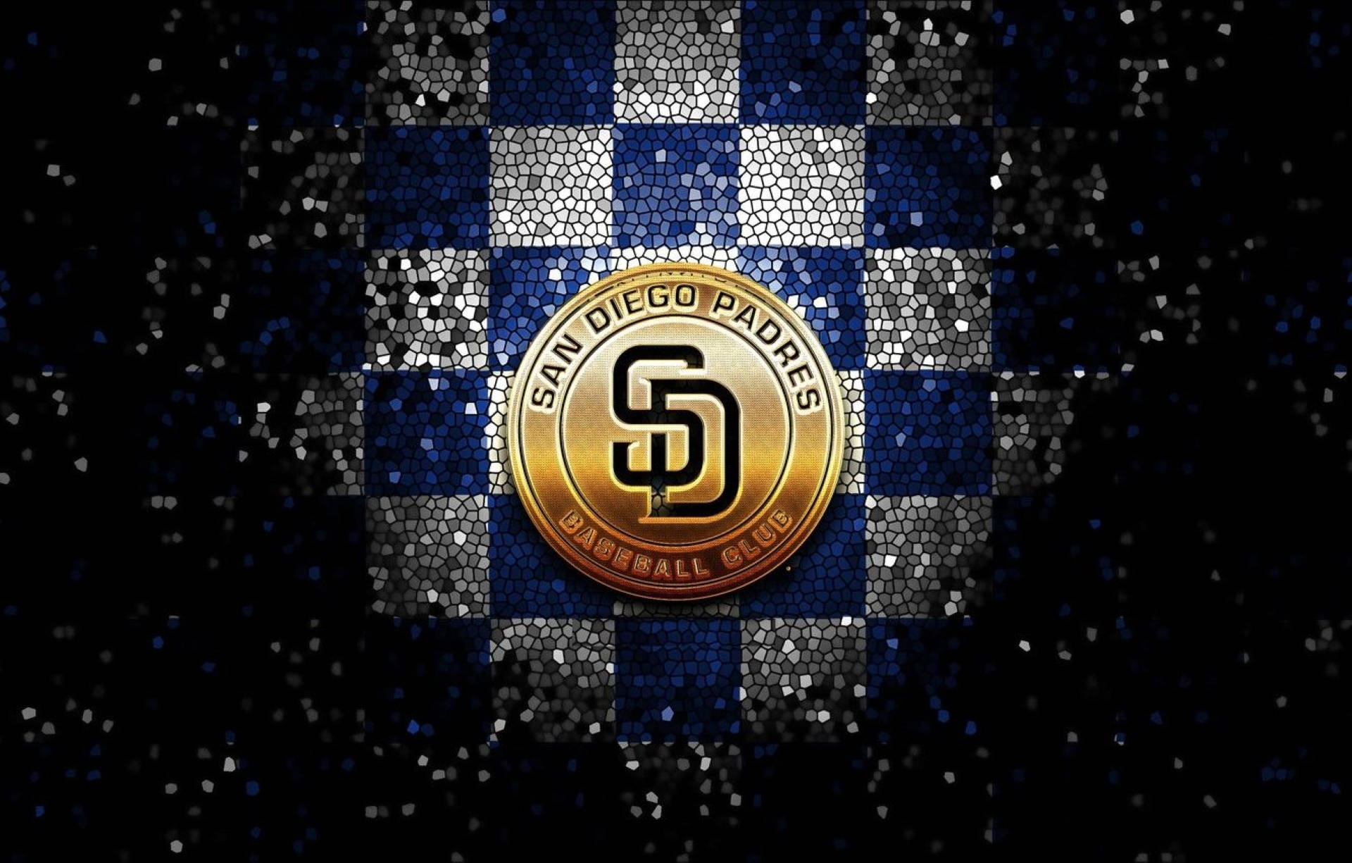 Padres 桌布 壁紙 — 一個金色的聖地牙哥教士隊棒球標誌在藍色和銀色方格馬賽克背景上閃耀，帶有閃爍的亮點。