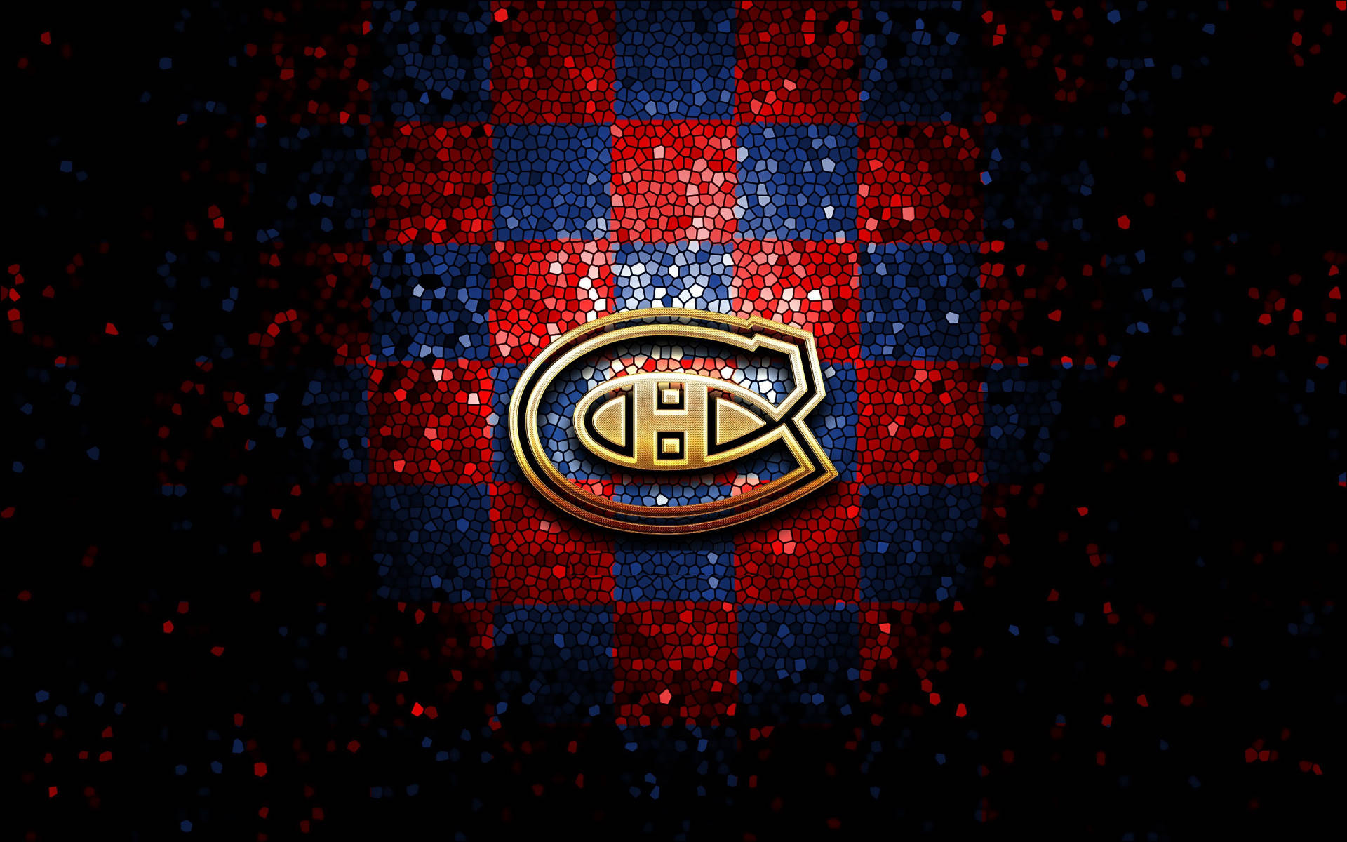 Canadiens 桌布 壁紙 — 一個金色的蒙特婁加拿大人隊標誌在紅藍格子馬賽克背景上閃耀，帶有閃爍的亮片。