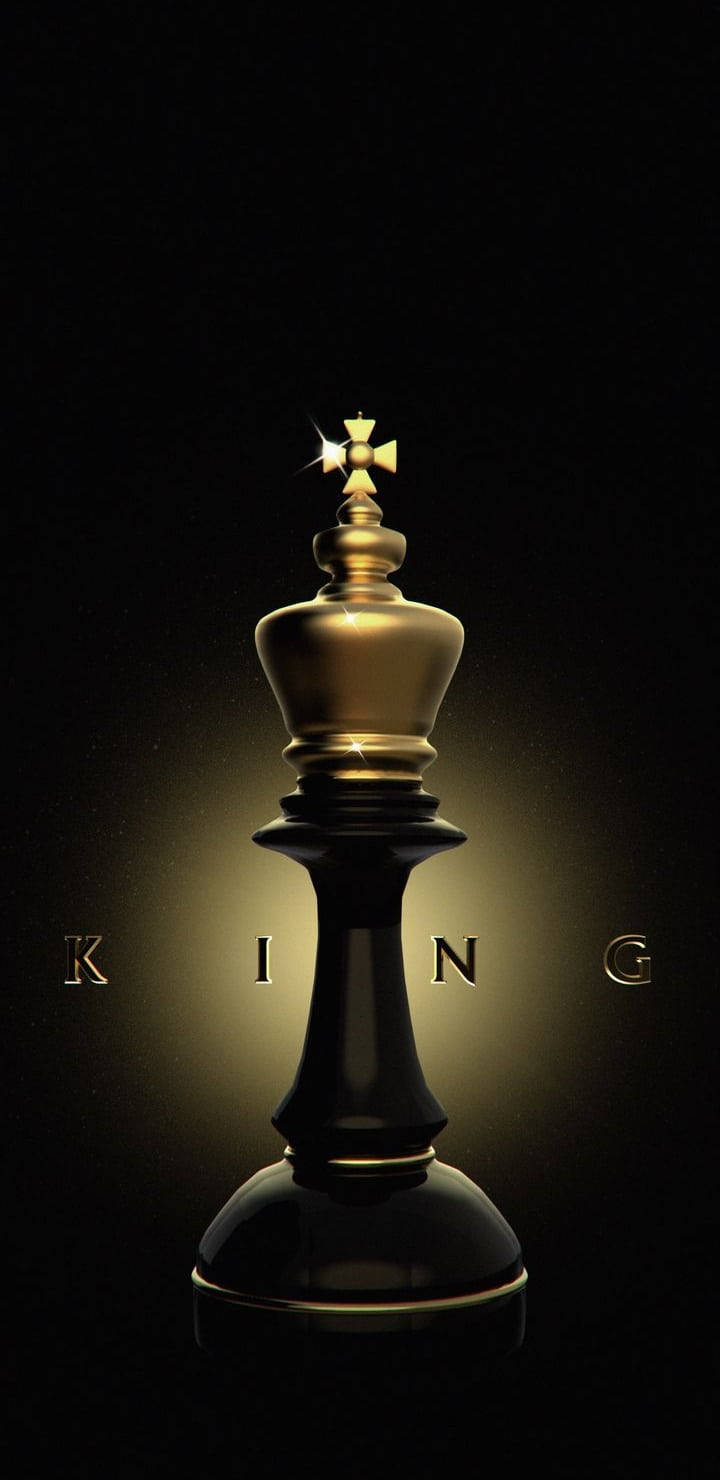 king iPhone 桌布 壁紙 — 一個金色的西洋棋王立在黑色背景上，背後有KING字樣發光。