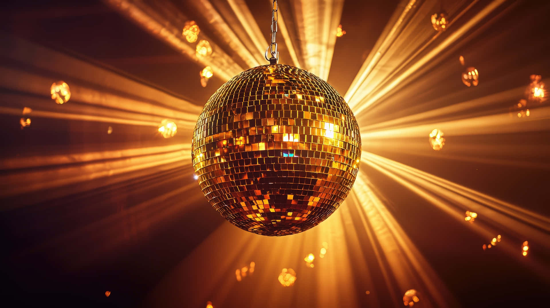 A sparkling golden disco ball reflects bright light beams in a dark room 壁紙 — 一個金色的迪斯可球懸掛著，在黑暗背景上散發出明亮的光束。