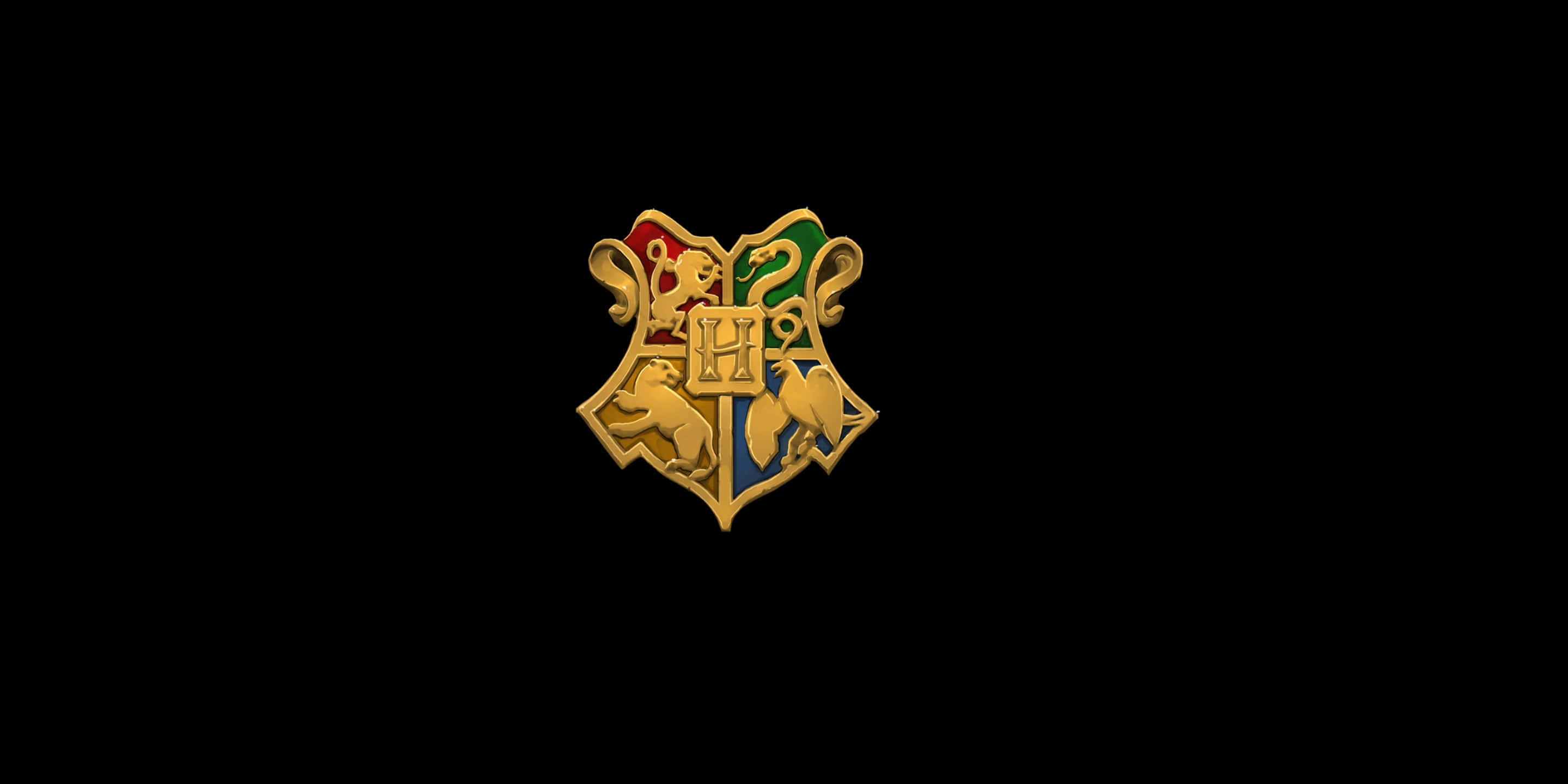 Hogwarts Crest 桌布 壁紙 — 一個金色的霍格華茲學校徽章，帶有四個學院標誌，居中位於純黑色背景上。