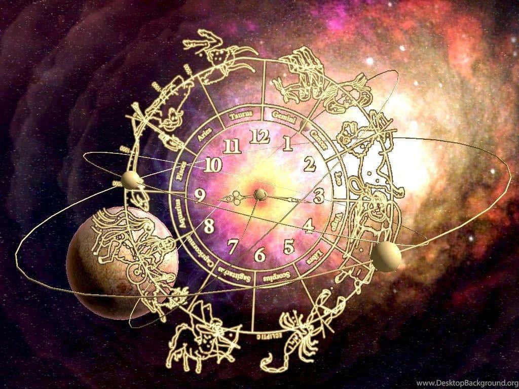 astrology 桌布 壁紙 — 一個金色的黃道輪，帶有星座，圍繞行星運行，背景是充滿活力的宇宙星雲。