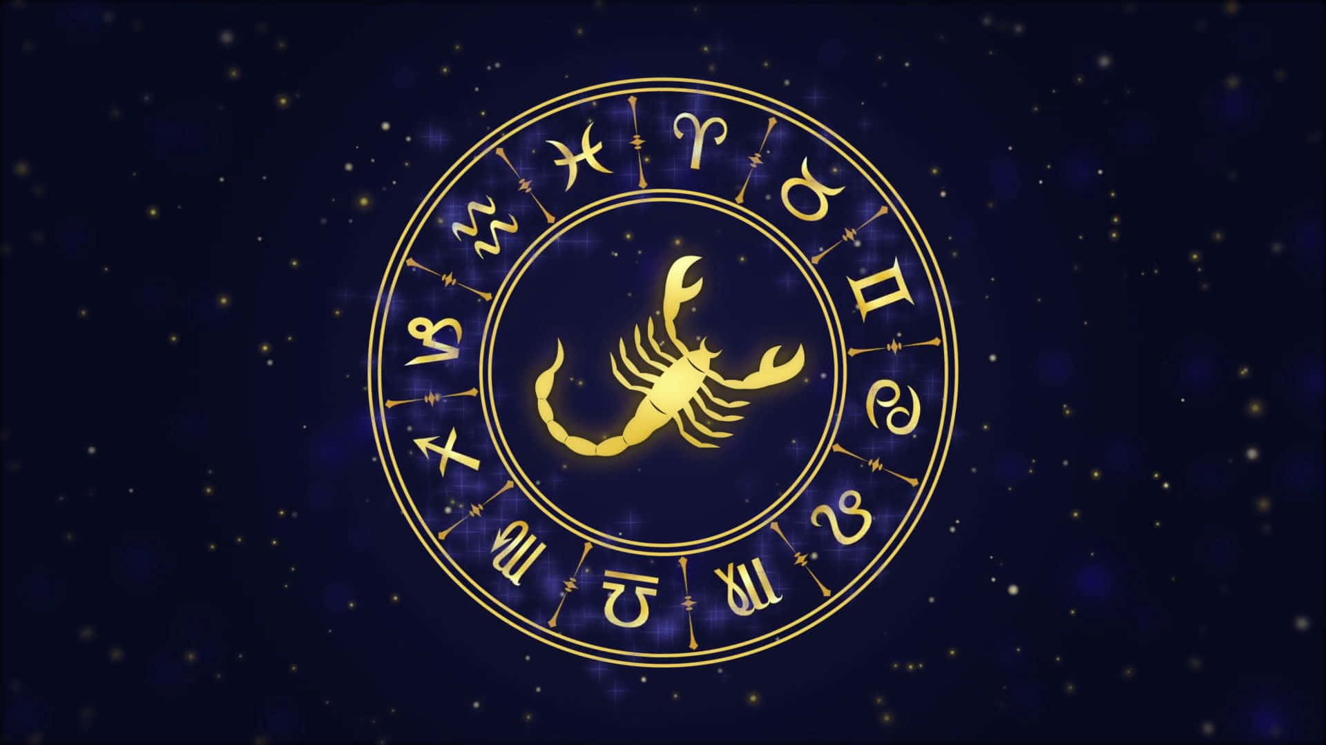 zodiac 桌布 壁紙 — 一個金色的黃道輪盤，中心有天蠍座符號，在星光閃爍的深藍色夜空中發光。
