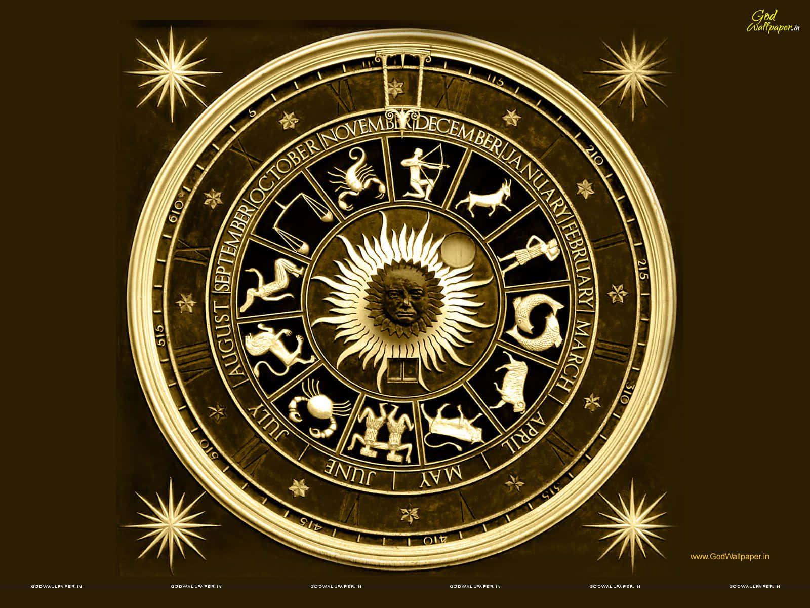 astrology 桌布 壁紙 — 一個金色的黃道輪盤，帶有太陽臉和星座，置於深棕色背景上，伴有閃爍的星星。