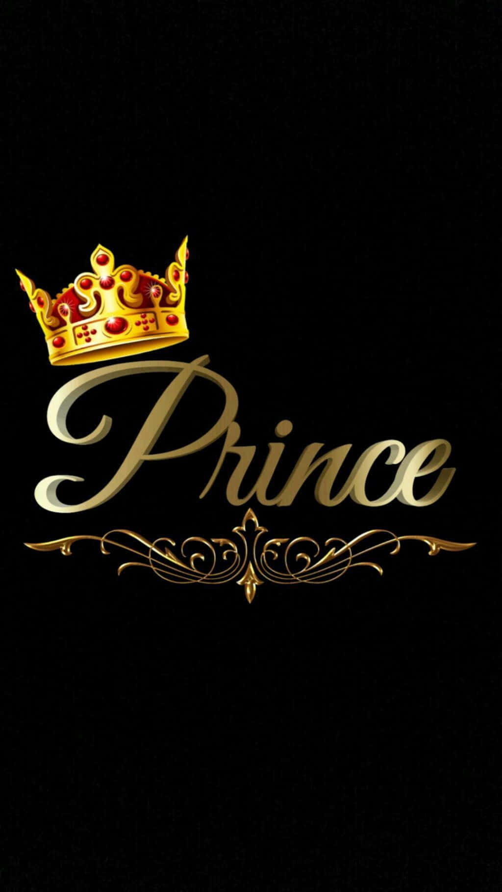 Prince Symbol 桌布 壁紙 — 一個金色皇冠，上面鑲有紅色寶石，位於優雅草書字體「Prince」的上方，背景為黑色。
