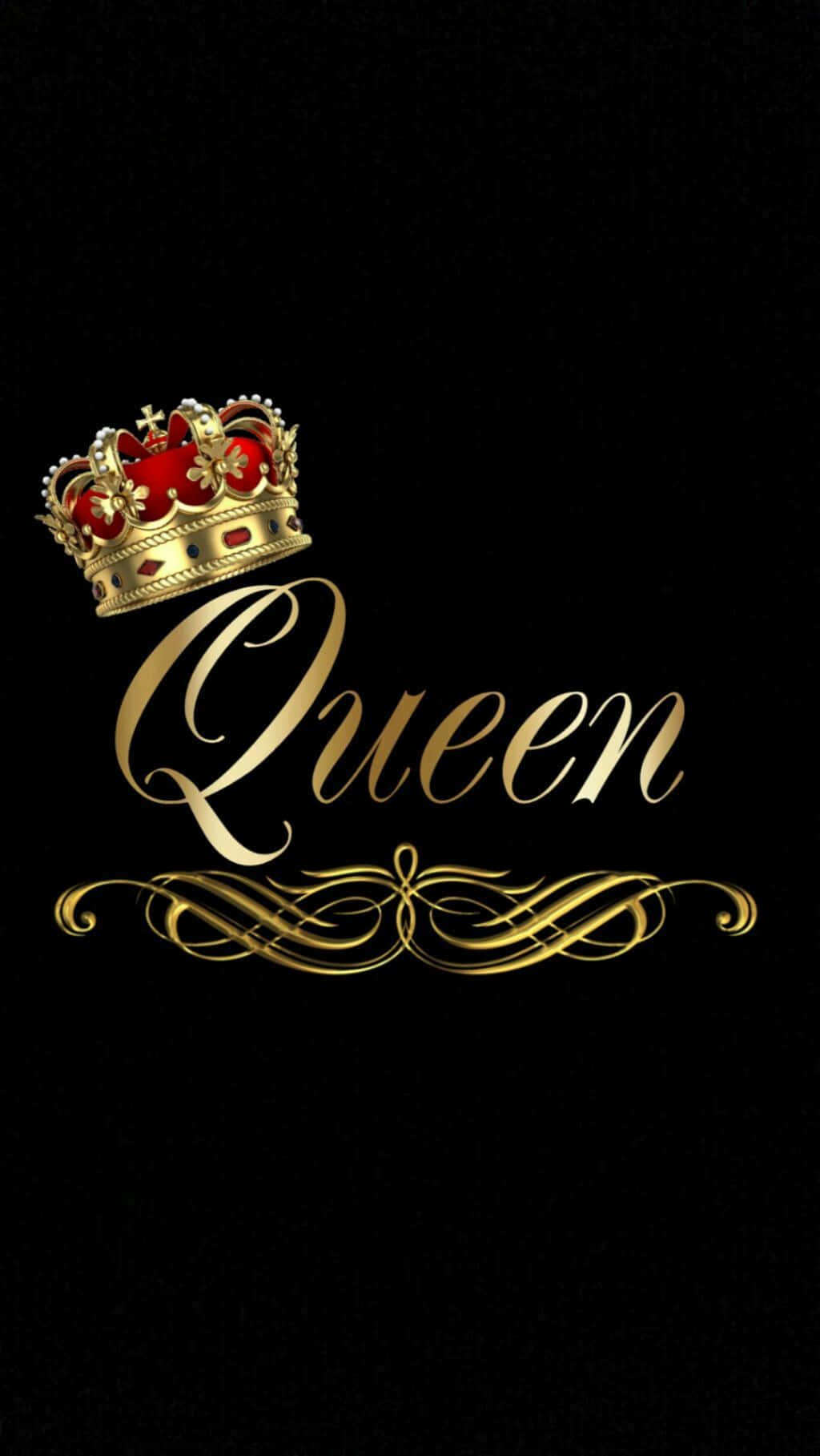 女王 桌布 壁紙 — 一個金色皇冠搭配紅色天鵝絨，位於優雅字體的Queen一字之上，背景為黑色。