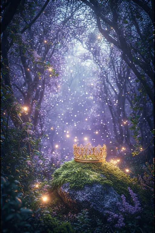 Whimsical Disney Inspired Forest with Crown 壁紙 — 一個金色皇冠擱在一個長滿苔蘚的石頭上，身處一個散發著紫色光芒和漂浮螢火蟲的神秘森林中。