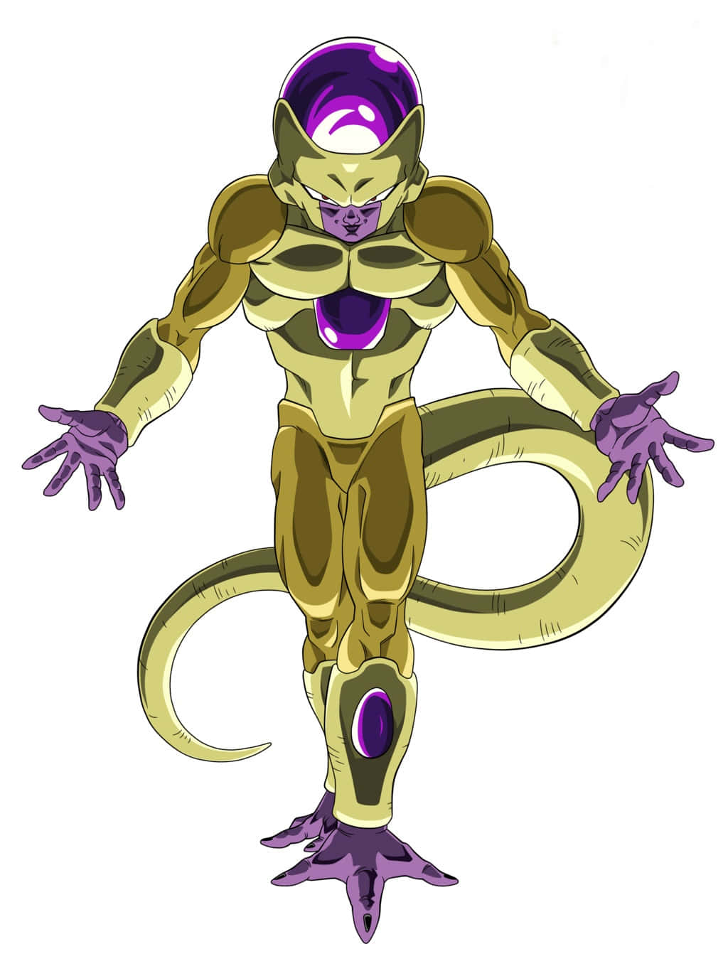 Golden Frieza 桌布 壁紙 — 一個金色皮膚、帶有紫色點綴和長尾巴的動漫角色，在白色背景前擺出強而有力的姿勢。
