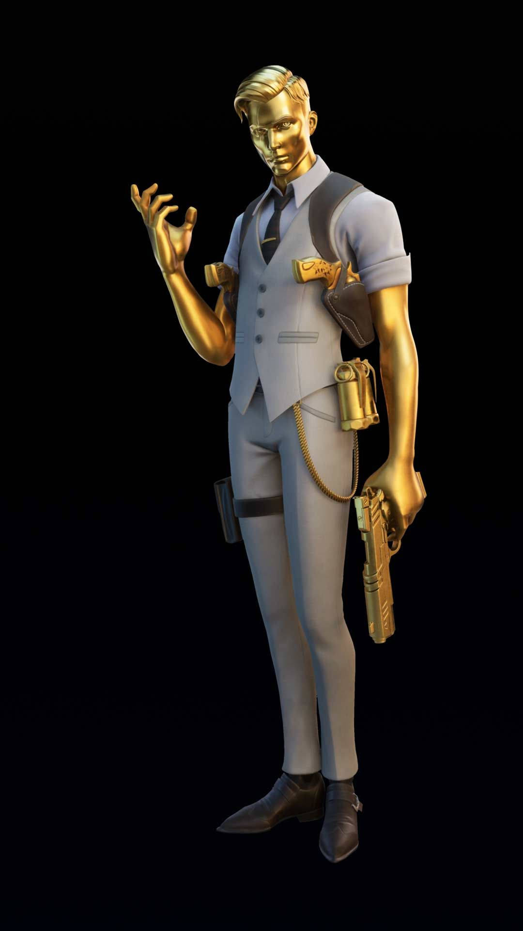 桌布 壁紙 — 一個金色皮膚的男人穿著淺灰色西裝，手持手槍，在黑色背景前做手勢。