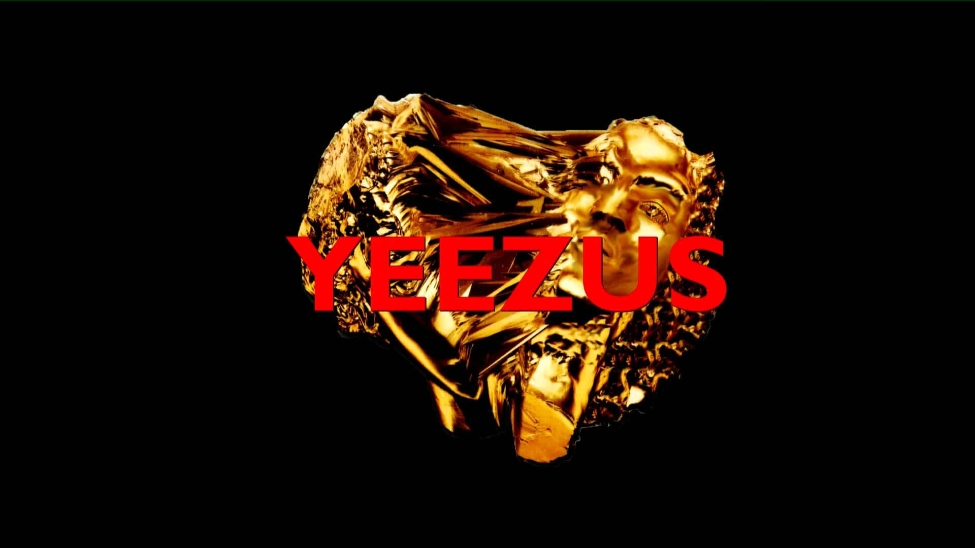 Kanye West Yeezus 桌布 壁紙 — 一個金色皺巴巴的心形物體，內嵌一張臉，黑色背景上覆蓋著粗體紅色文字YEEZUS。