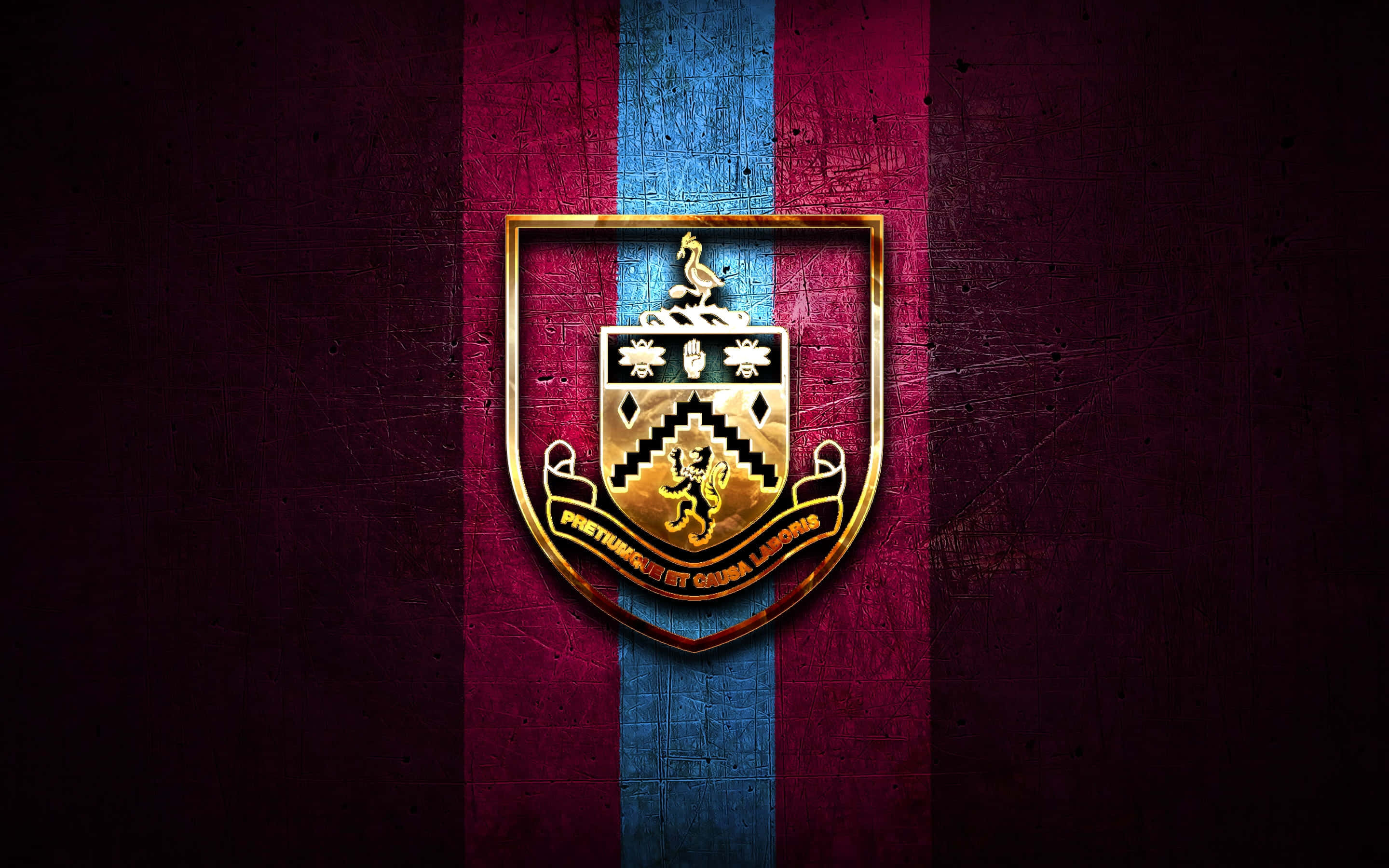 Burnley Fc 桌布 壁紙 — 一個金色盾牌徽章，中央有獅子和鶴的標誌，背景是帶紋理的栗色和藍色條紋。