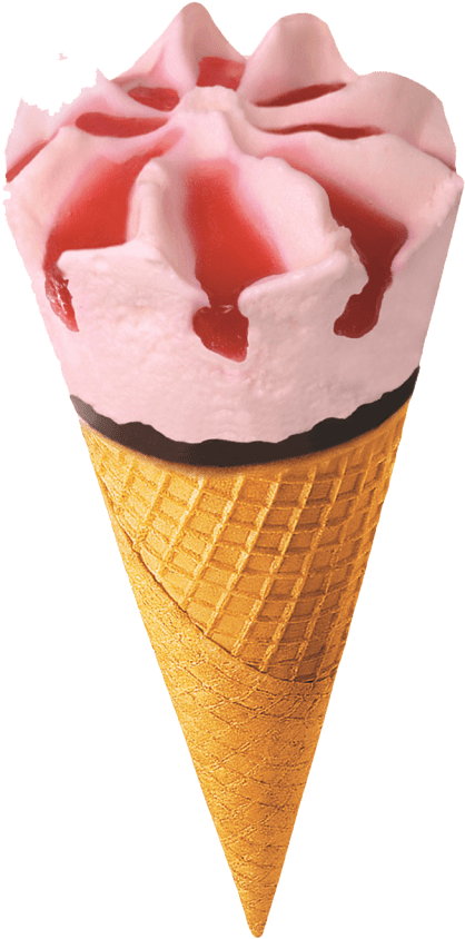 icecream 桌布 壁紙 — 一個金色窩夫筒盛載著奶油般的粉紅色冰淇淋，上面淋上光澤的紅色糖漿，形成戲劇性的漩渦。