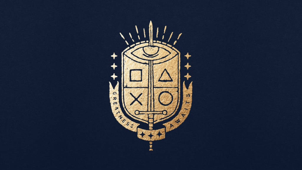 king logo 桌布 壁紙 — 一個金色紋理徽章，帶有幾何符號和盾牌上的劍，背景為深海軍藍色。