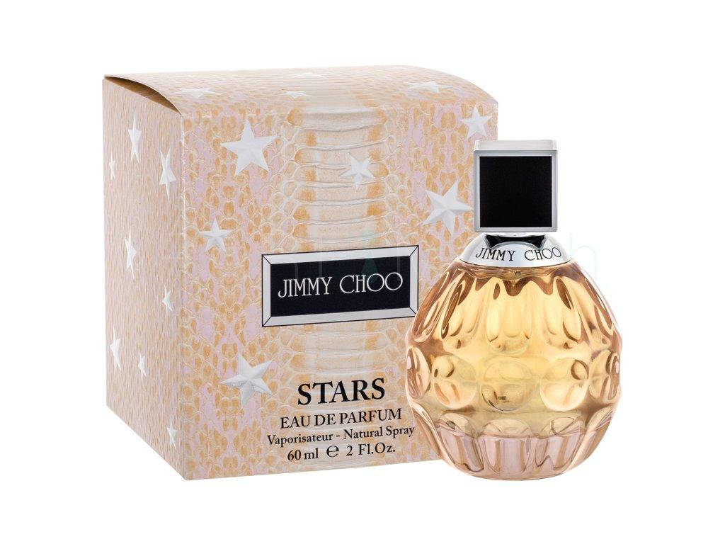 品牌 桌布 壁紙 — 一個金色紋理香水瓶和星星圖案盒子，用於Jimmy Choo Stars Eau de Parfum，放在潔白背景上。